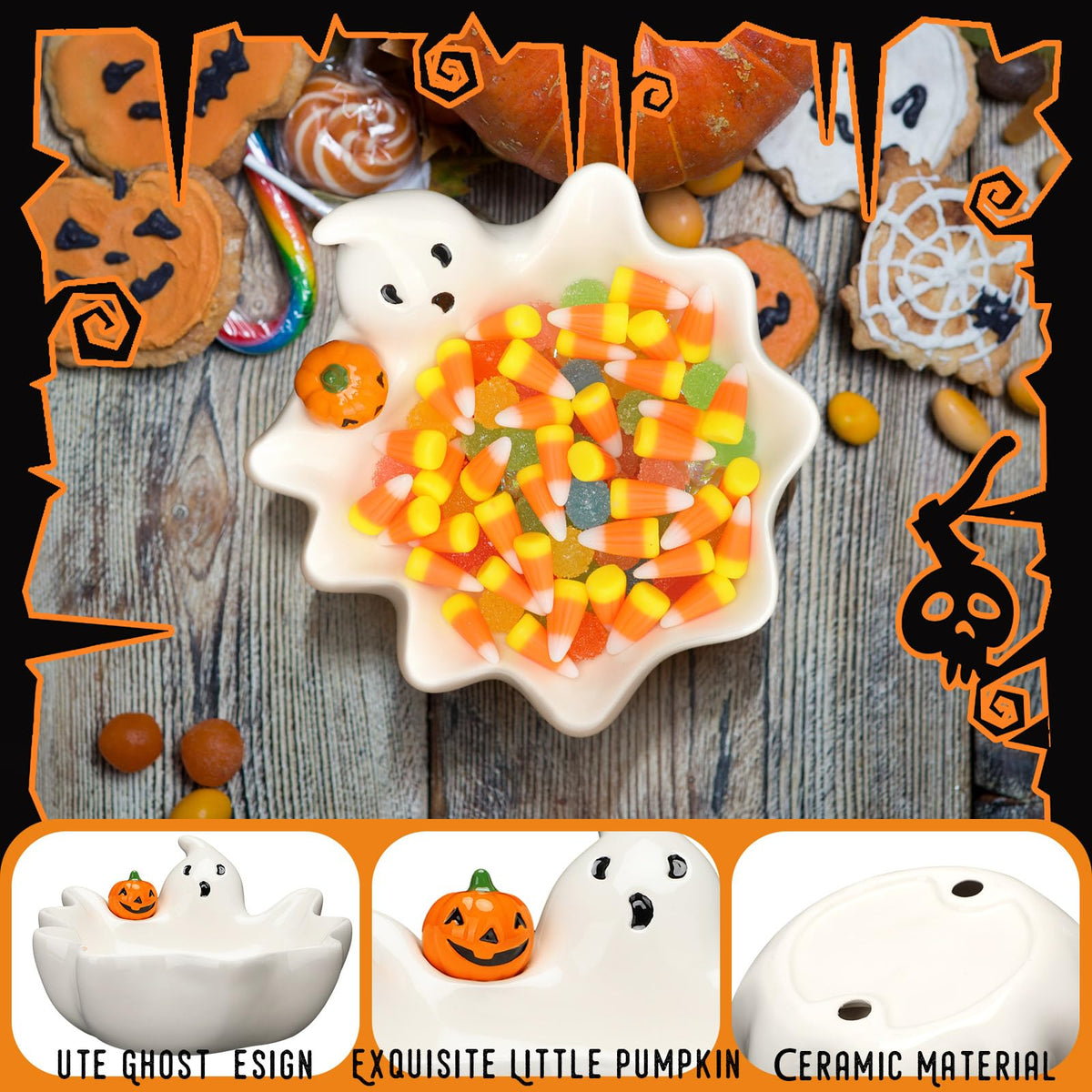 Vesici 7 Inch Halloween Candy Dish Holder Ceramic Ghost Candy Bowl Ghost Serving Tray Cute Candle Holder Cookie Jar for Halloween Party Trick or Treat Decor