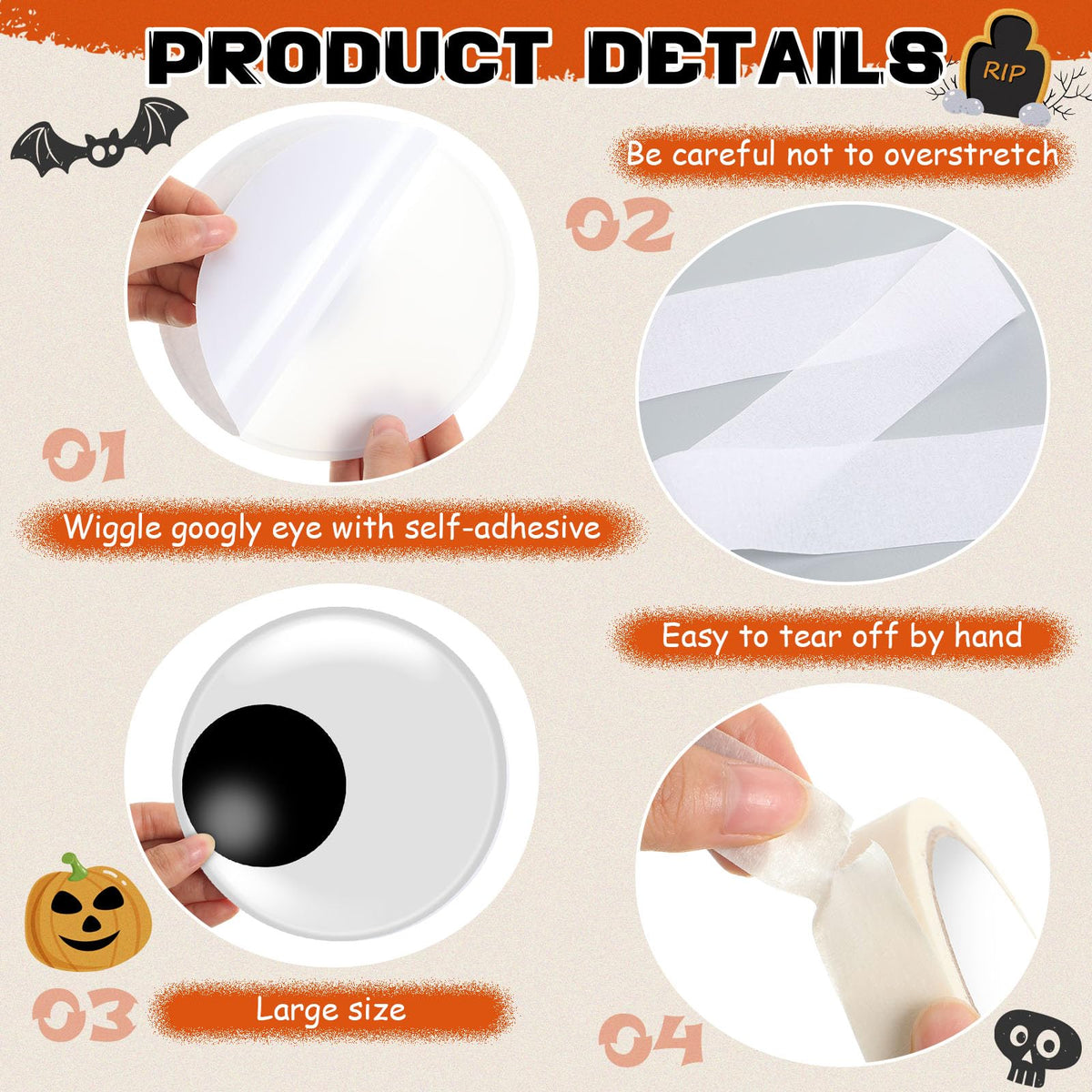 Engrowtic 78 Pcs Halloween Mummy Decorations Set with 3D Bat and Spider Stickers Wall Decor Self Adhesive Large Wiggle Eyes Crepe Paper and Masking Tape for Halloween Cosplay Party Door DIY Decor