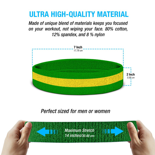 Suddora Striped Sweatband Set, Moisture Wicking 2 Wristbands and 1 Headband, Breathable Athletic Sweat Bands for Sports, Costumes & Cosplay, Matching Bands to Wear with Jersey, Green Yellow Green