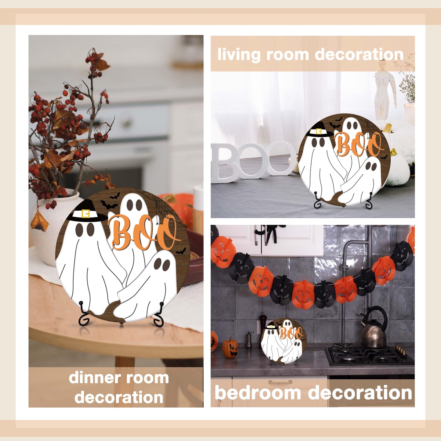 Seclate Halloween Desk Decorations for Home, Ghost Wooden Table Centerpieces 8x8 Inches with Iron Stand for Office Living Room Shelf Decor, Boo Gifts for Women Friends - E08