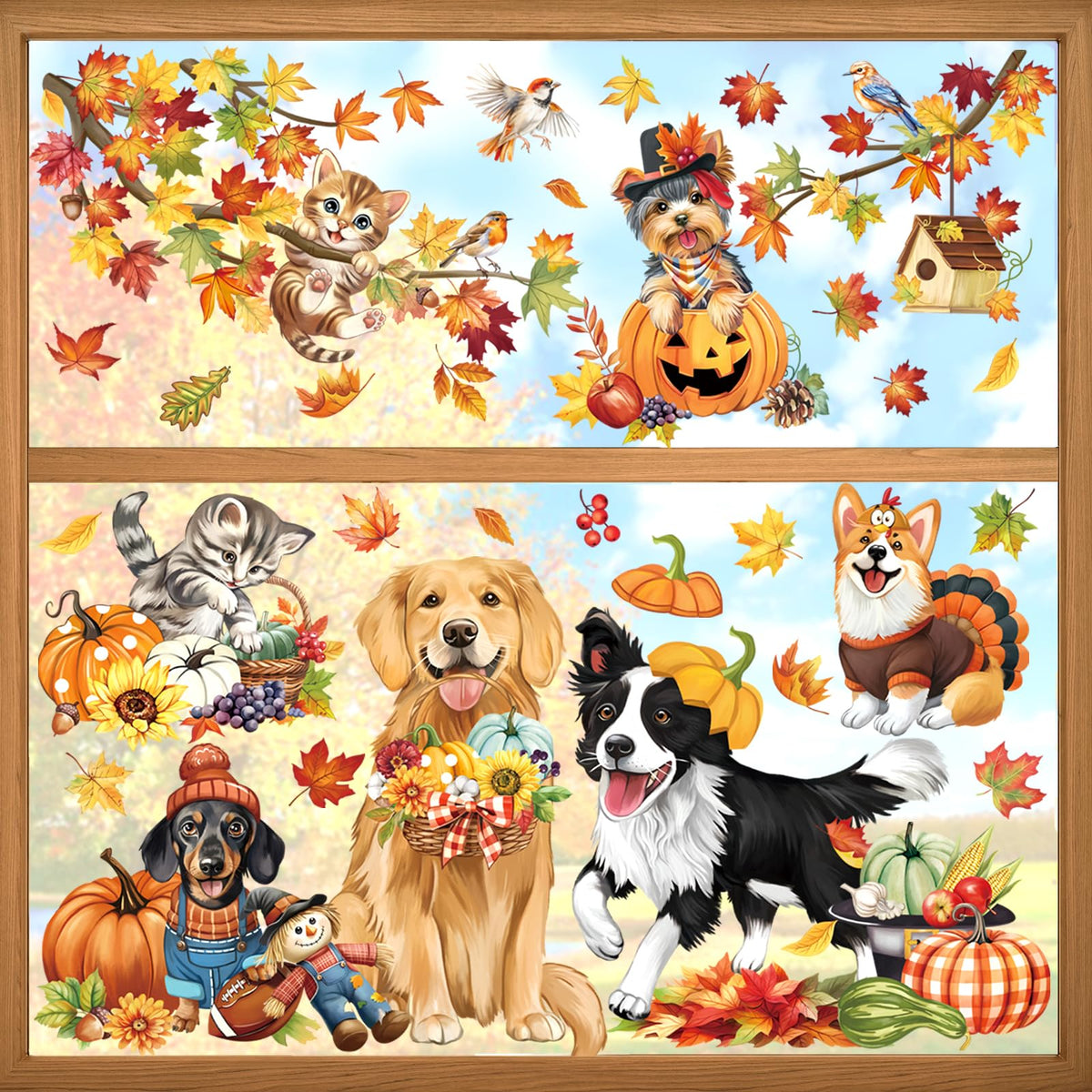decalmile Fall Pumpkin Maple Leaves Double Sided Window Clings Autumn Harvest Dog Cat Scarecrow Birds on Tree Branch Anti-Collision Glass Doors Window Stickers Decals