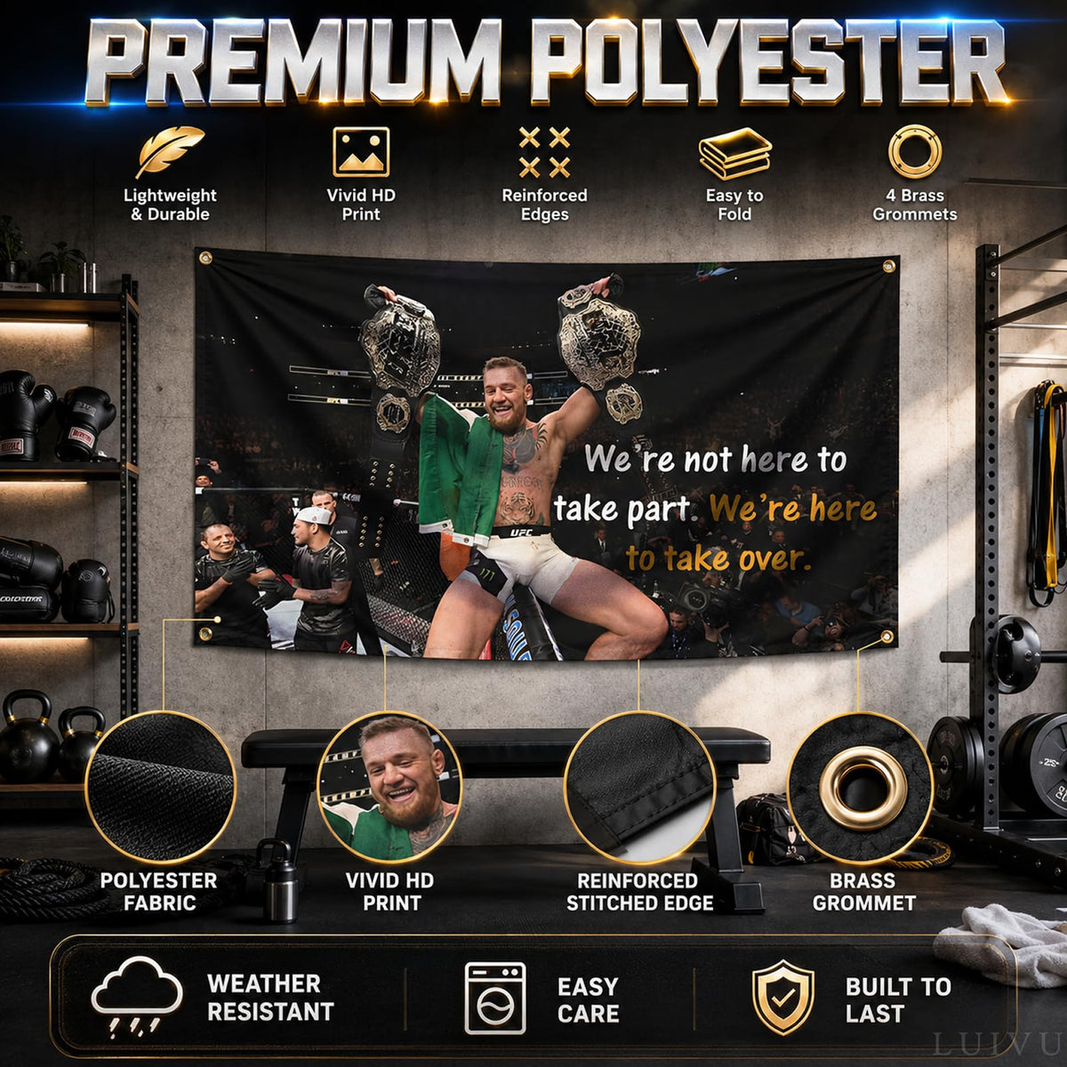 3x5 Ft Conor Boxing Polyester Flag - Inspirational Office Gym Wall Decor Single Sided Flag with 4 Brass Grommets - McGregor Gym Motivational Poster - Were Not Here To Take Part Were Here To Take Over