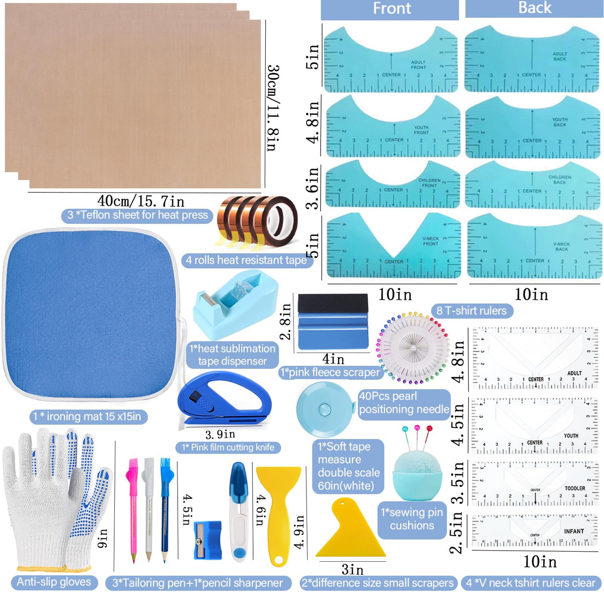 QUKLOGEN Sublimation Shirts Tool Kits Shirt Measure Ruler Set Include 12 T Shirt Guide Ruler,Portable Pad for Ironing,Teflon Sheet for Heat Press,Heat Resistant Tape Craft Sewing Accessories