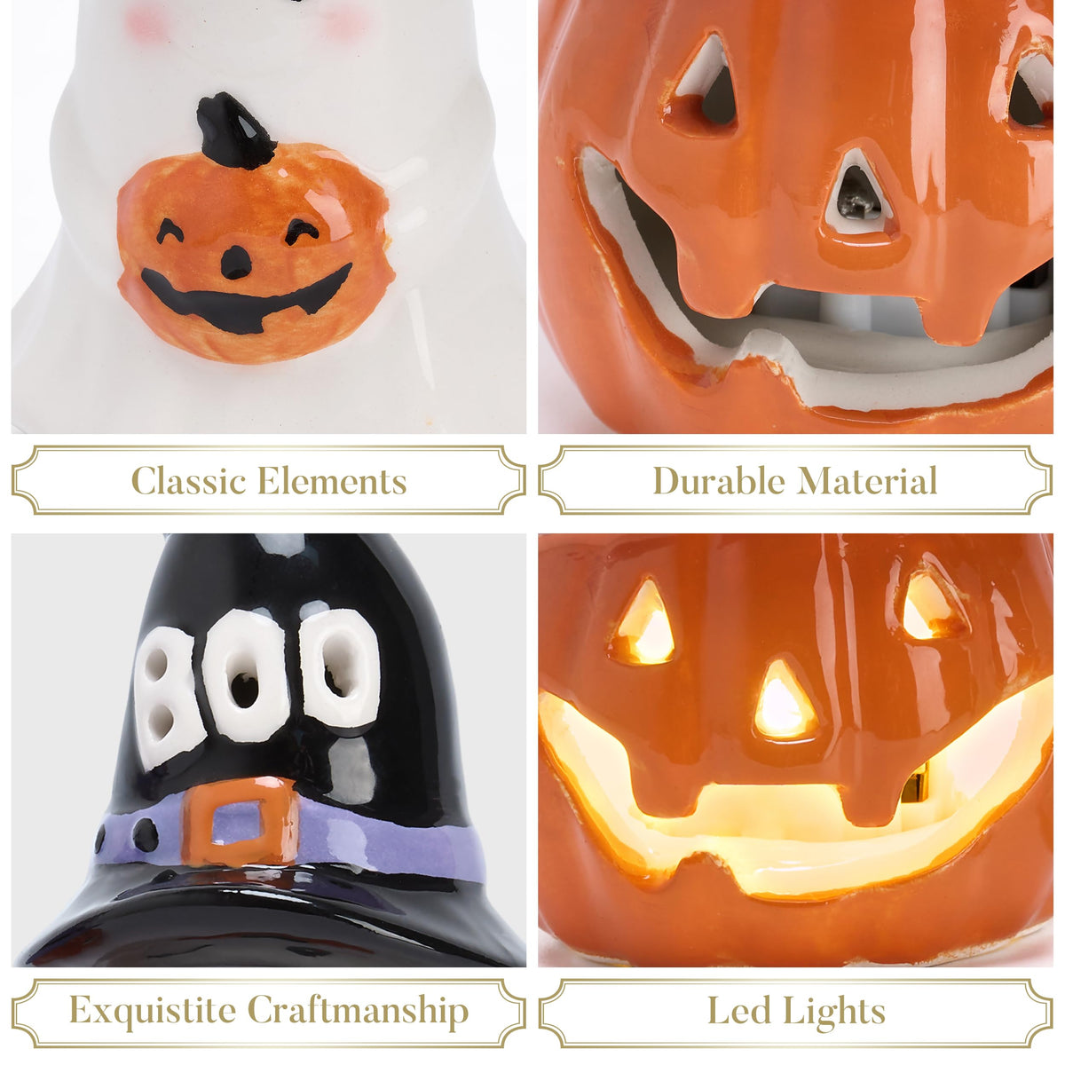 Valery Madelyn Halloween Decorations Indoor for Home, 2Pcs Ceramic Halloween Figurines with Light, Orange Jack o Lantern & White Ghost Decor with Spider Web Witch Hat for Table Tiered Tray, 4.1"