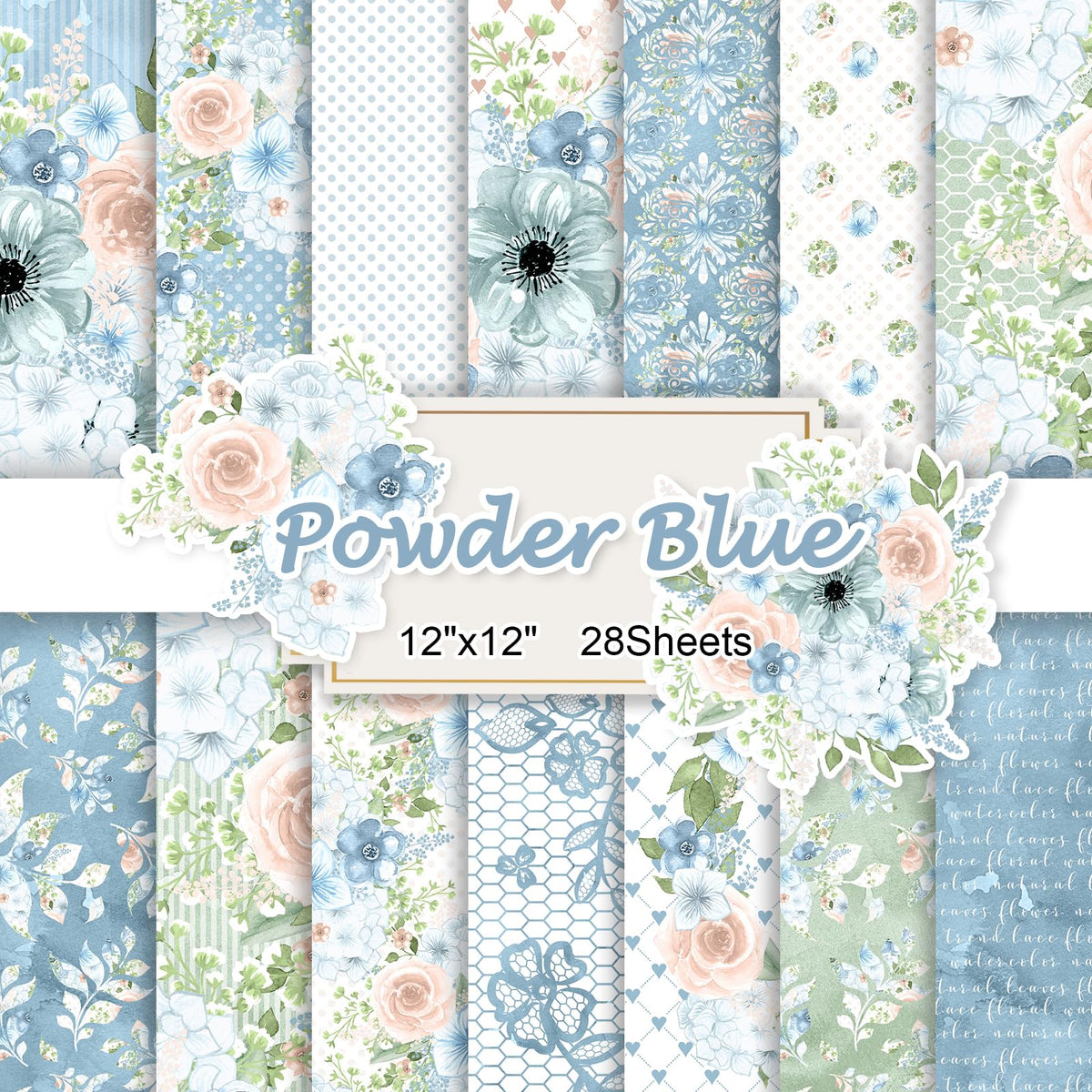 28 Sheets Scrapbook Paper, Floral Scrapbooking Specialty Papers 160gsm Cardmaking Craft Paper Pack Decorative Paper for Card Making (12"X12" Inch, Powder Blue Flowers)