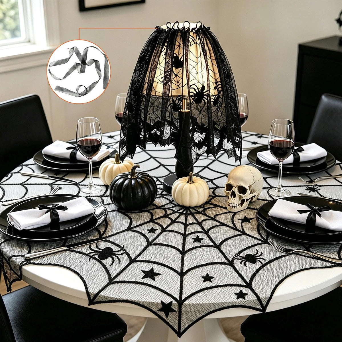 Zoonlinpp 5 Pack Halloween Decorations Indoor Black Lace Table Runner Fireplace Mantel Scarf Cover Spider Web Tablecloth Cobweb Lampshade with 32 Pcs Bat Wall Stickers Spooky Party Decor