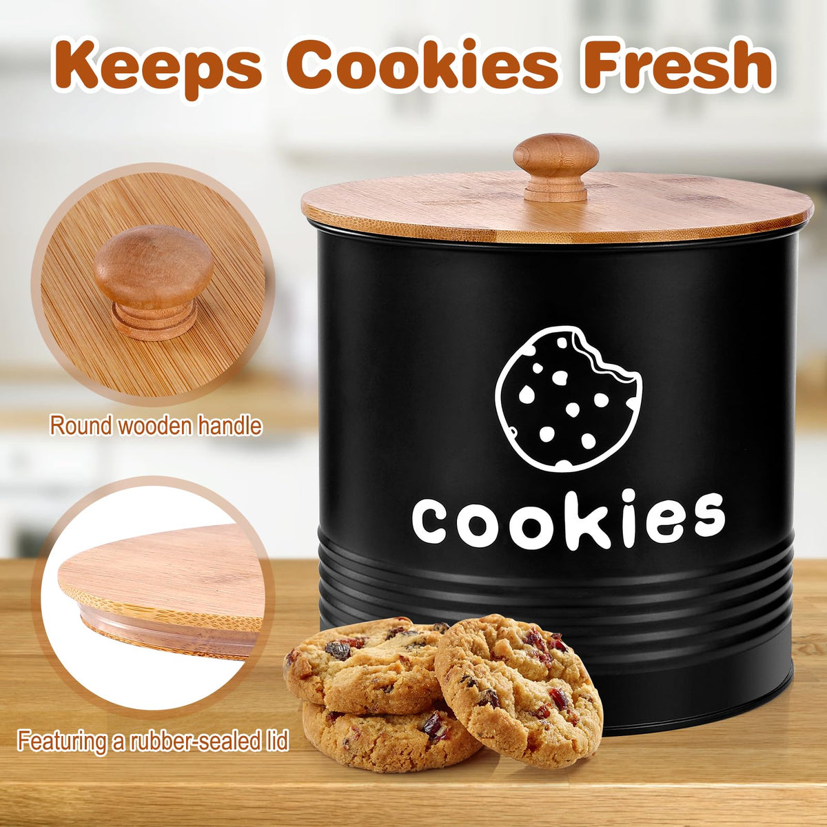 LUKMILEE Cookie Jars with Lids Airtight, Large Cookie Tins, 1.5 Gallons Cookie Jar for Kitchen Counter Decorative, Farmhouse, Christmas, Mother's Day Gift Cookie Storage Containers (Black)