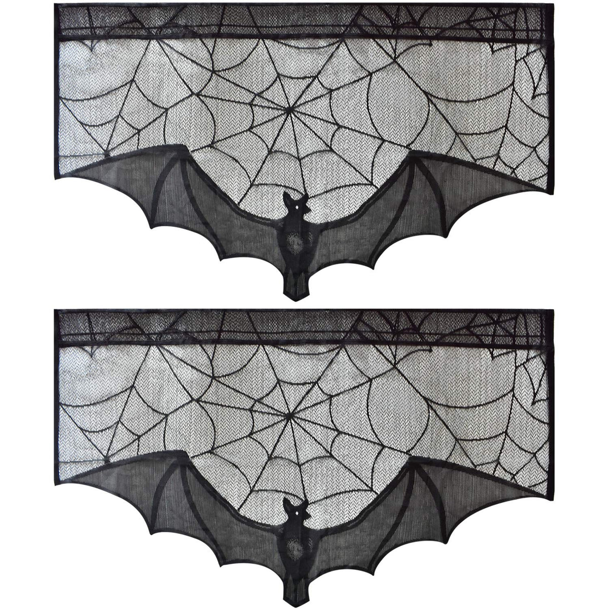 ZeeDix 2 Pcs Halloween Black Lace Bat Window Curtains- Spiderweb Tablecloth Bat Shower Curtain Window Valance Spider Cobweb Fireplace Mantles Scarf for Halloween Party Decor, Party Supplies