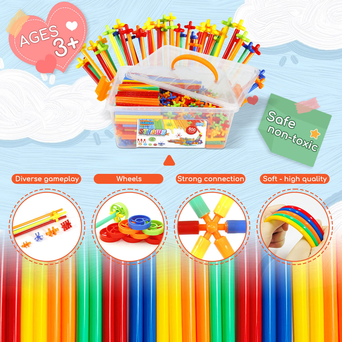 Ggiibro Straw Constructor Toys 800Pcs STEM Building Toy for 3+ Year Interlocking Plastic Engineering Toys Thin Tube Blocks Educational Toy Kit for Indoor Kids Toy with a Storage Box
