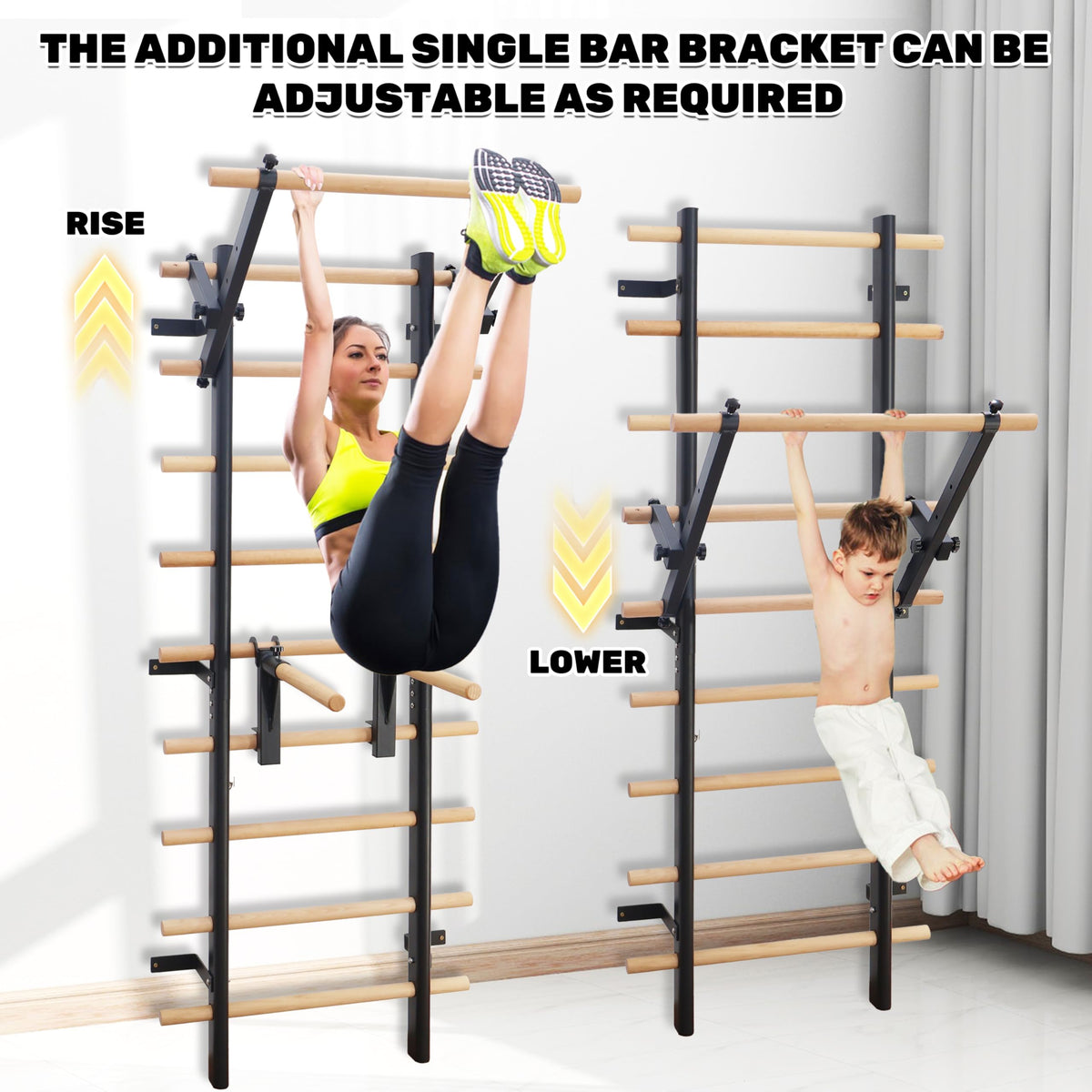 PreGymnastic Stall Bars, Swedish Ladder for Adult and Kids, Wall Bar with Solid Beech Wood Rods, Durable Steel Frame, Adjustable Pull Up and Dip for Strength, Flexibility at Home Gym, Studio