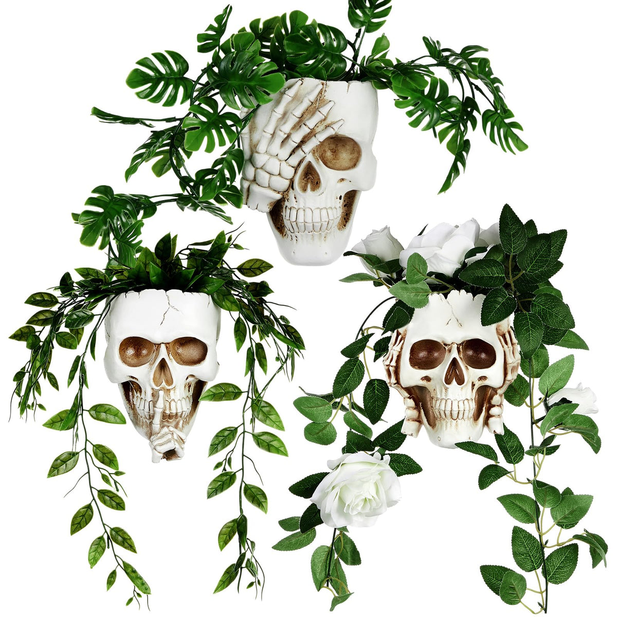 RimCereal 3 Pcs Skull Planter Skeleton Wall Hanging Planter Pot Gothic Spooky Head Face Flower Pot Garden Decor for Festival Party Indoor Outdoor Plants Home Garden Office Decorations(White)