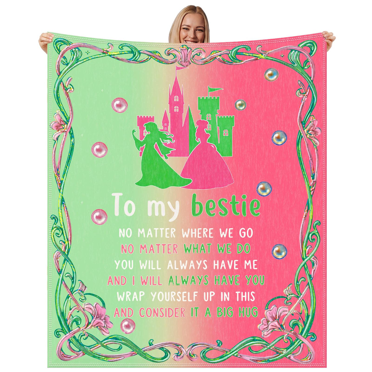 Hillsuren Witch Theme Blanket for Girls Pink and Green Throw Blanket to My Bestie Flannel Blankets 50 x 60 Inch Fun Witch Team Gifts for Women Christmas Halloween Thanksgiving Gift Decoration