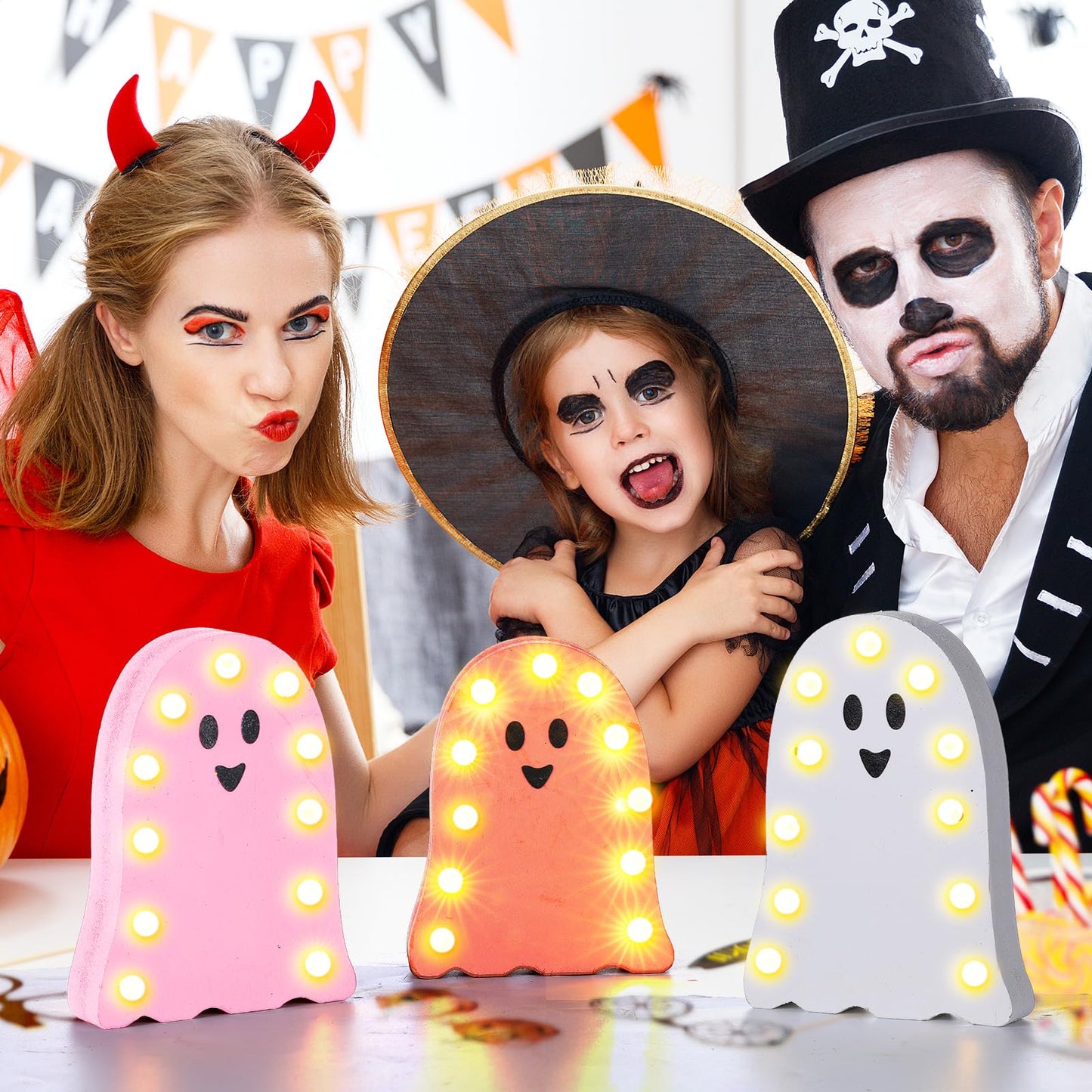 Tujoe 3 Pcs Halloween Decorations Light Up Wooden Ghost Light Up Ghost Kit Pink Halloween Table Centerpiece for Home Decor Kitchen Mantel Tabletop Windowsill