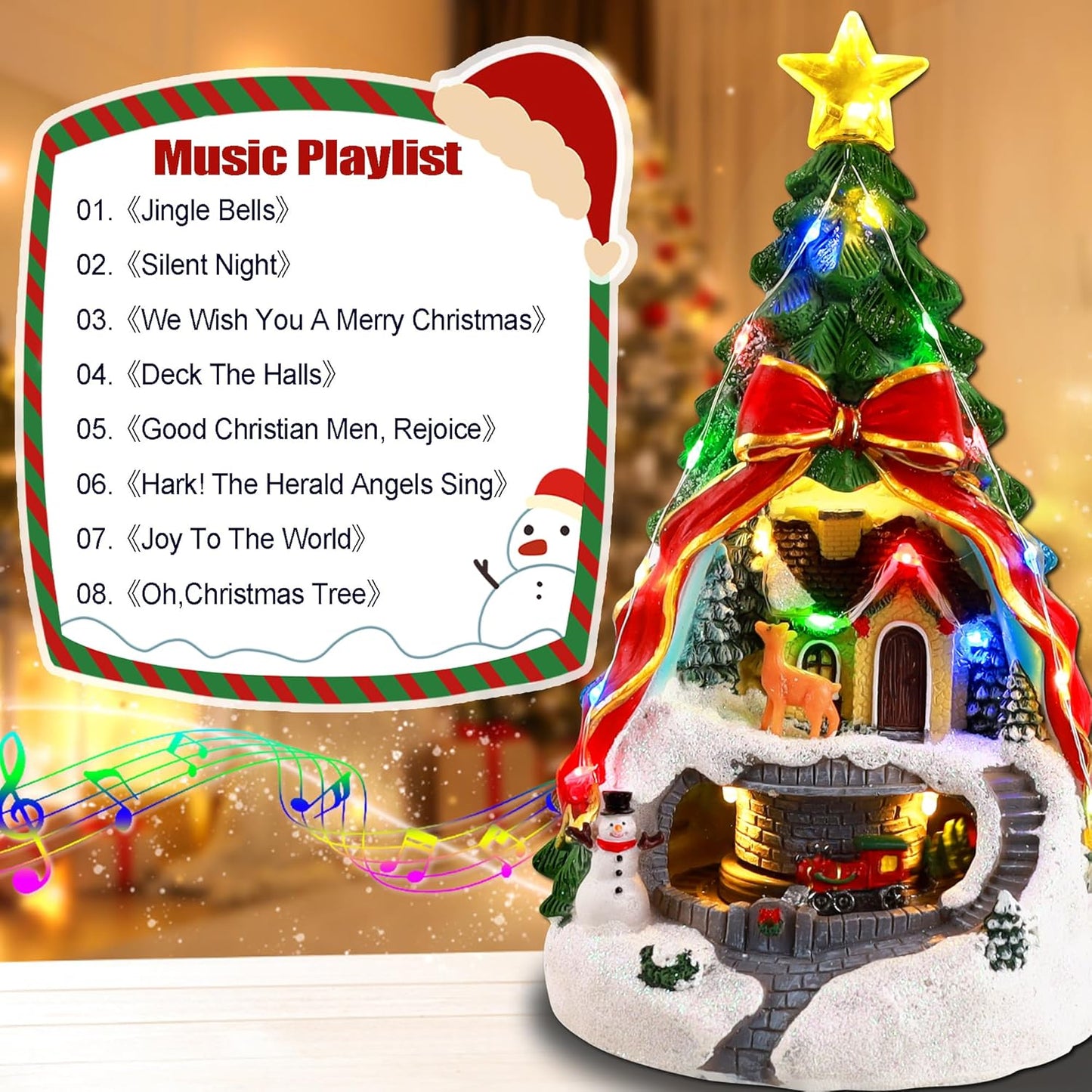 Musical Christmas Village with Spinning Train & Deer | Pre-Lit Artificial Tree - Battery & USB Operated