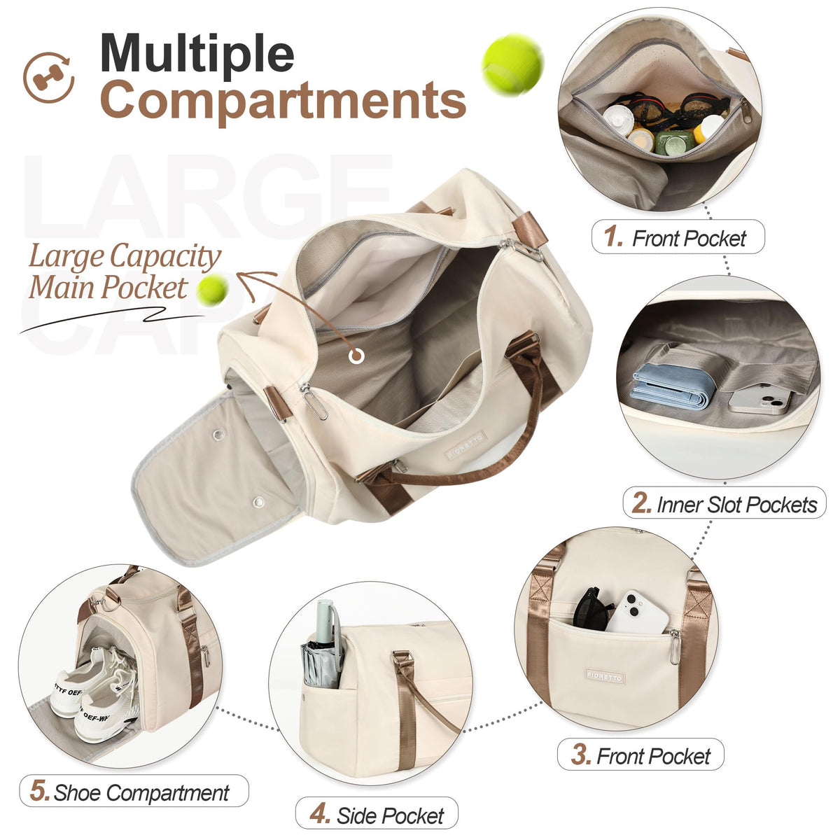 FIORETTO Womens Gym Tote Duffle Bag with Wet Pocket & Shoe Compartment, Sports Duffel Overnight Weekender Hospital Workout Carry on Bag for Girls, Ideal for Travel, Swimming, Dance, Ballet Beige