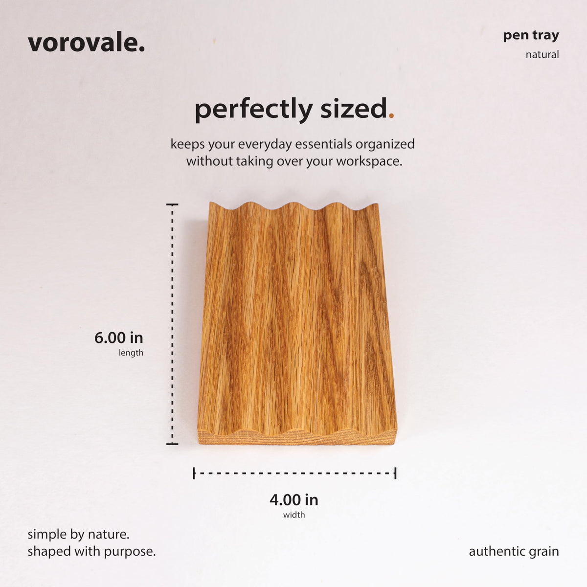 Vorovale Solid Oak Pen Tray, Minimalist Desk Organizer, Natural Wood Pen Holder with Rounded Wavy Channel, Handcrafted Office Accessory