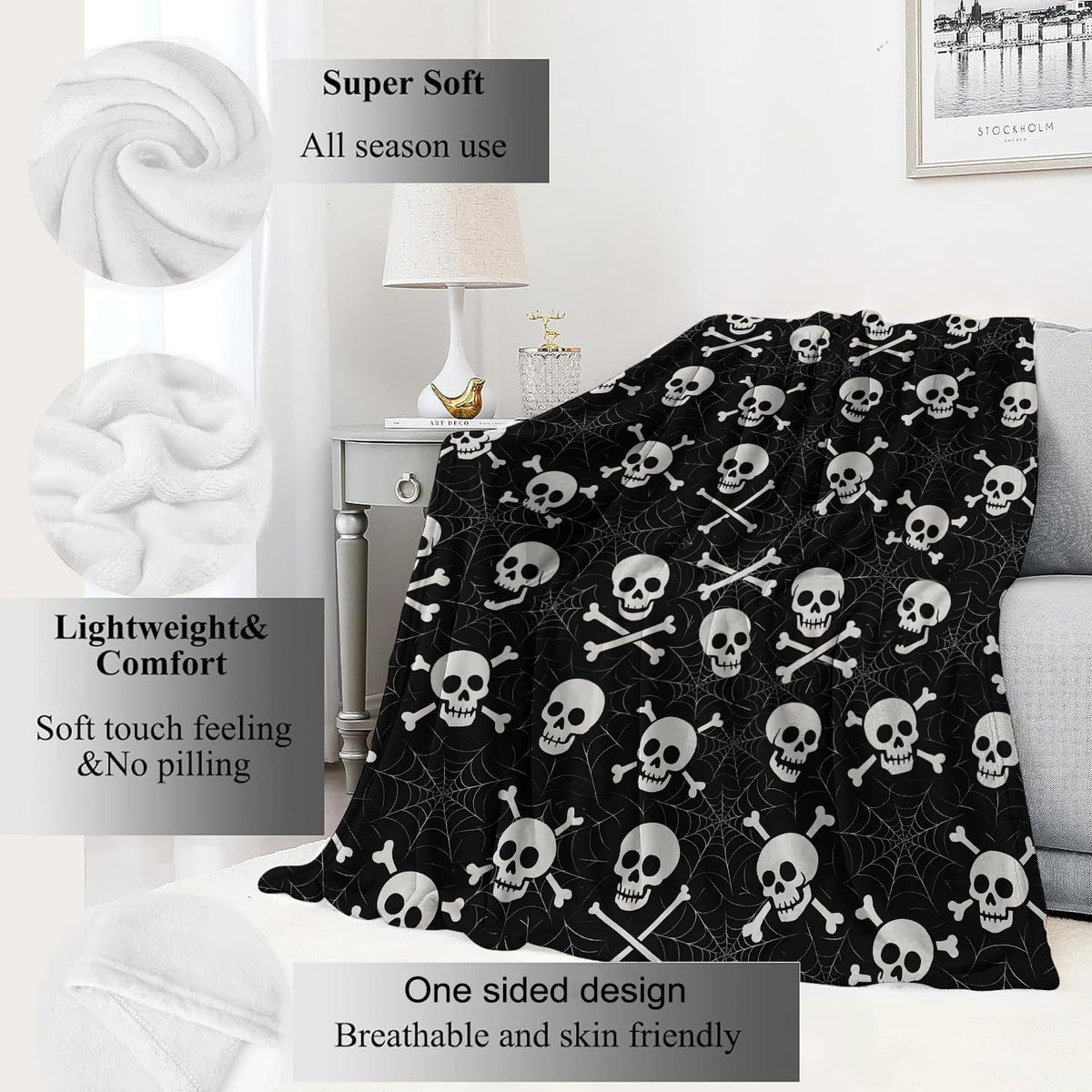 VODRM Skull and Crossbones Blanket Halloween Holiday Decor Gothic Spooky Skeleton Black Throw Gifts Lightweight Soft Fleece Spider Web Blankets for Creepy Fall Vibe Horror Goth Decoration 50x60in