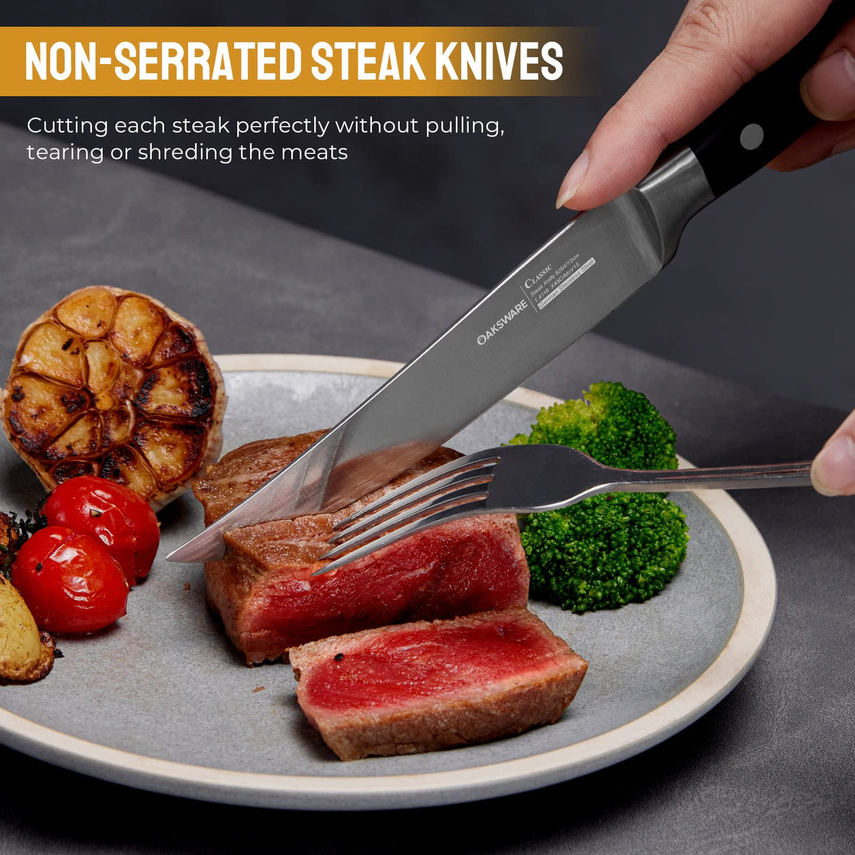 OAKSWARE Steak Knives, Non Serrated Steak Knife Set of 4, German Steel Steak Knife Set 5 Inch, 4 Pieces Professional Straight Edge Knives - Full Tang Ergonomic Handle