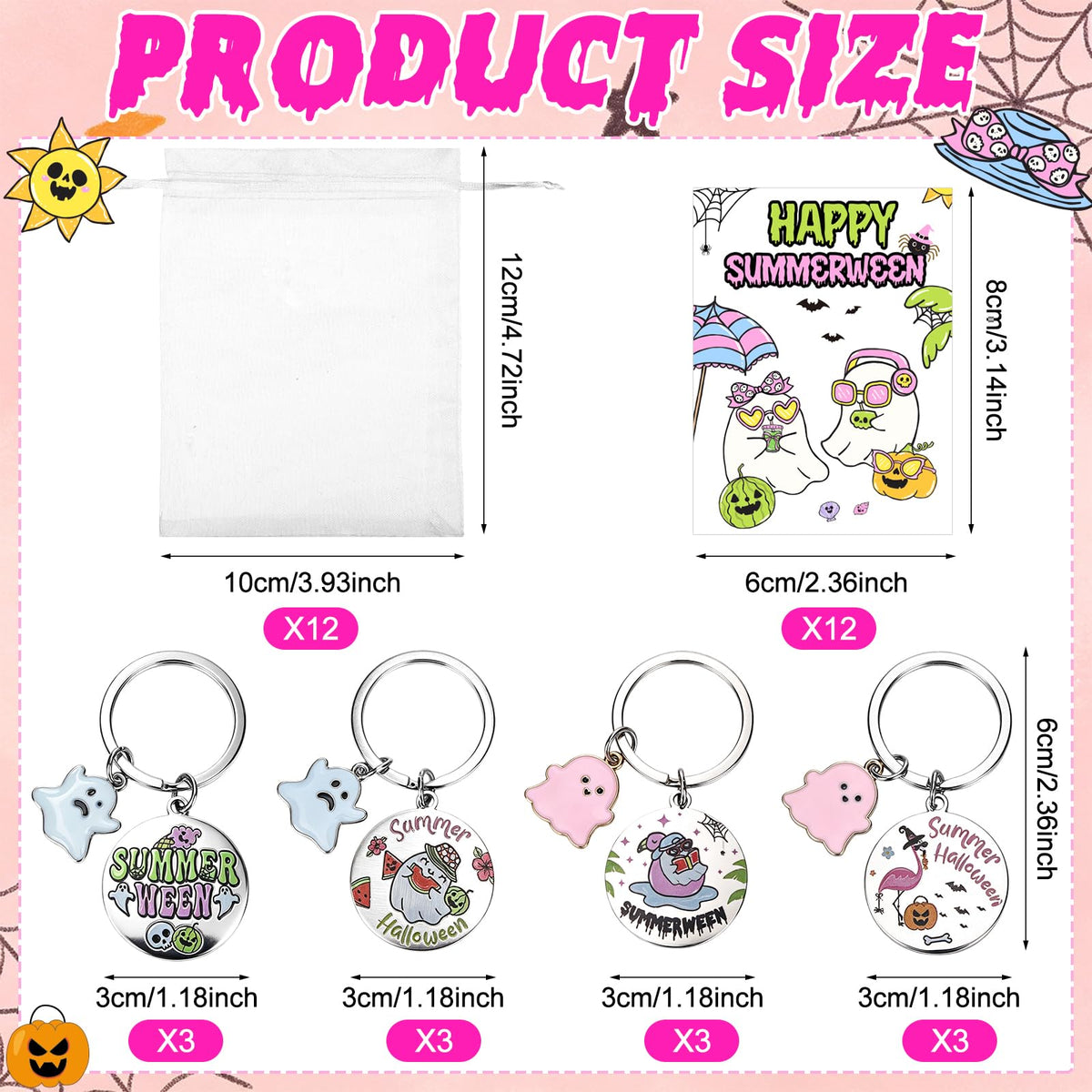 12 Sets Summerween Party Decor Gifts Summerween Ghost Keychain with Cards Organza Bags Summer Halloween Theme Party Favor Keyring for Guests Coworkers Tropical Beach Pool Hawaiian Spooky Party Supply