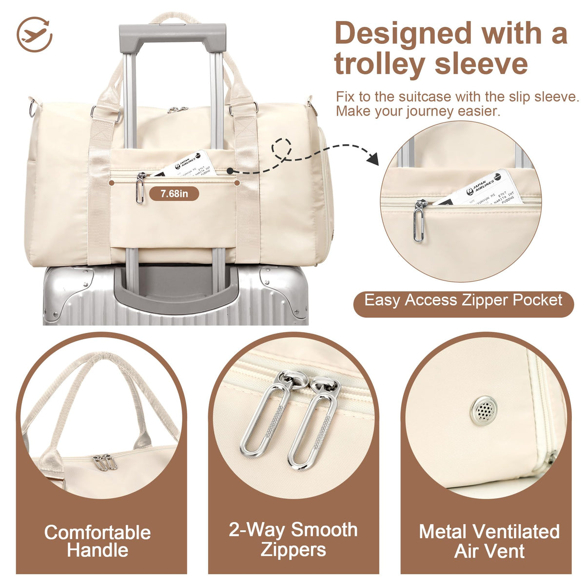 FIORETTO Womens Gym Tote Duffle Bag with Wet Pocket & Shoe Compartment, Sports Duffel Overnight Weekender Hospital Workout Carry on Bag for Girls, Ideal for Travel, Swimming, Dance, Ballet Beige