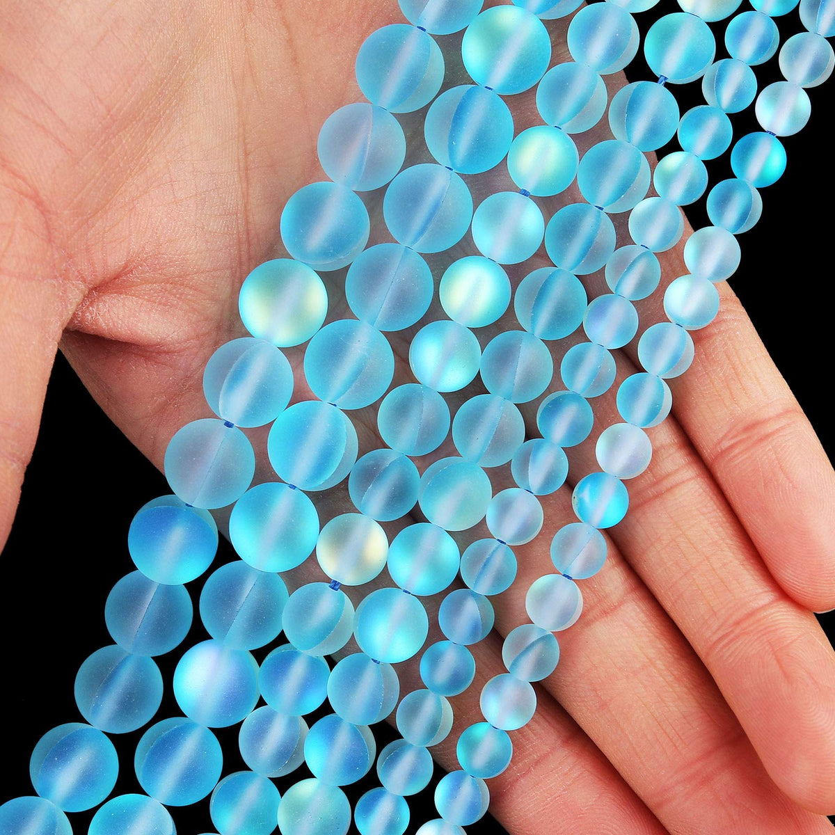 Matte Aquamarine Aurora Crystal Glass Beads, 10MM Frosted Glitter Shining Mermaid Round Loose Beads, Rainbow Holographic Synthetic Moonstone for Jewelry Making DIY Bracelet