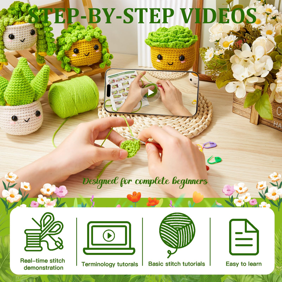 MAGIMUSE Crochet Kit for Beginners,Crochet Starter Kits with Step-by-Step Video Tutorials, DIY Craft Kits Amigurumi Knitting Supplies, Monstera Plant Family (40%+ Yarn)
