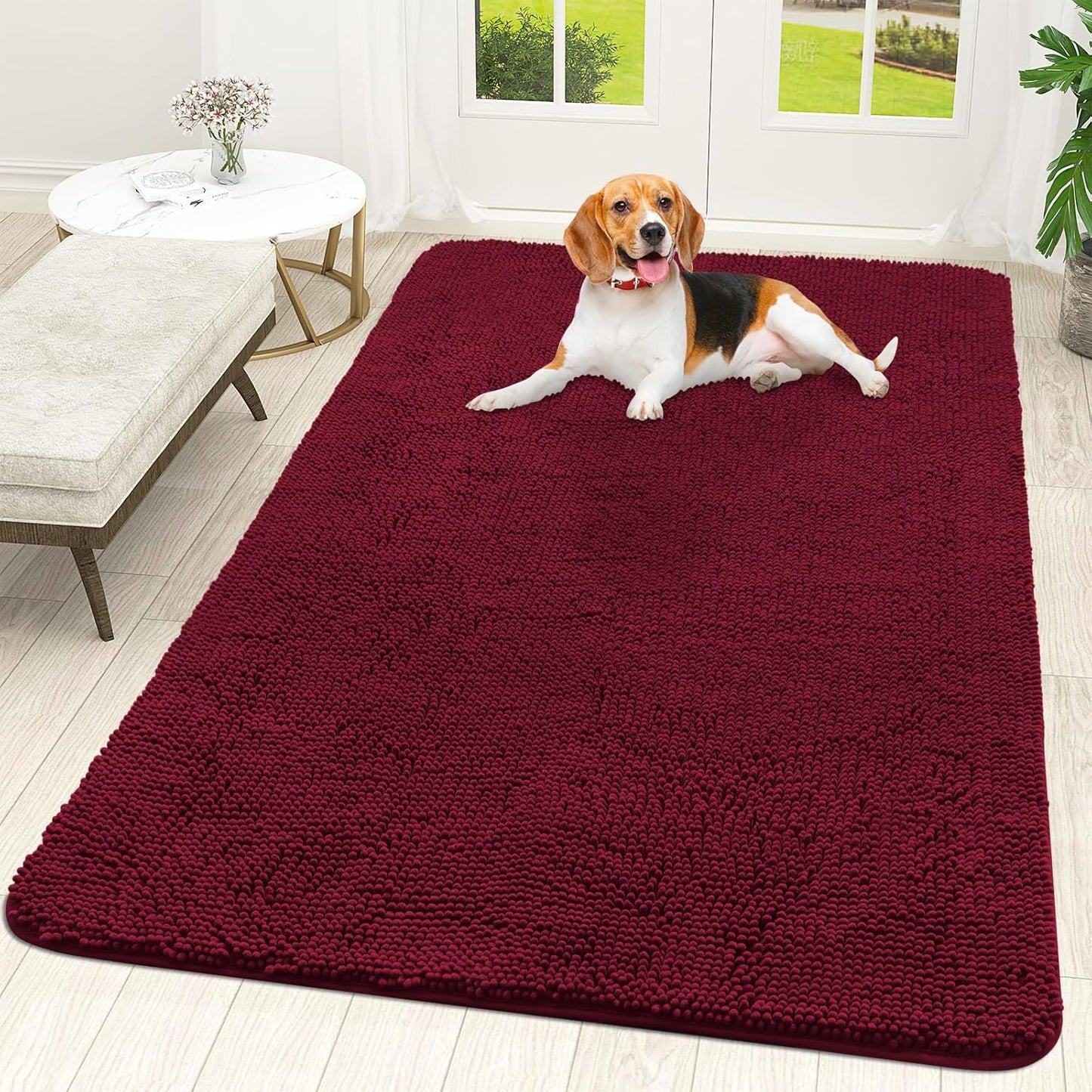 OLANLY Dog Door Mat - Absorbent Non-Slip Washable Doormat for Muddy Paws | 59x35 Inches, Burgundy
