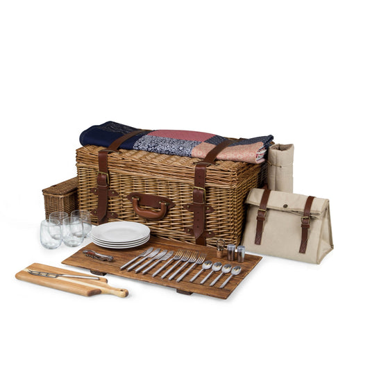 PICNIC TIME Charleston Luxury Picnic Basket for 4, Romantic Vintage English-Style Wooden Basket, Complete Deluxe Service With Blanket, Suitcase-style Handle and Genuine Cowhide Leather, (Beige Canvas)