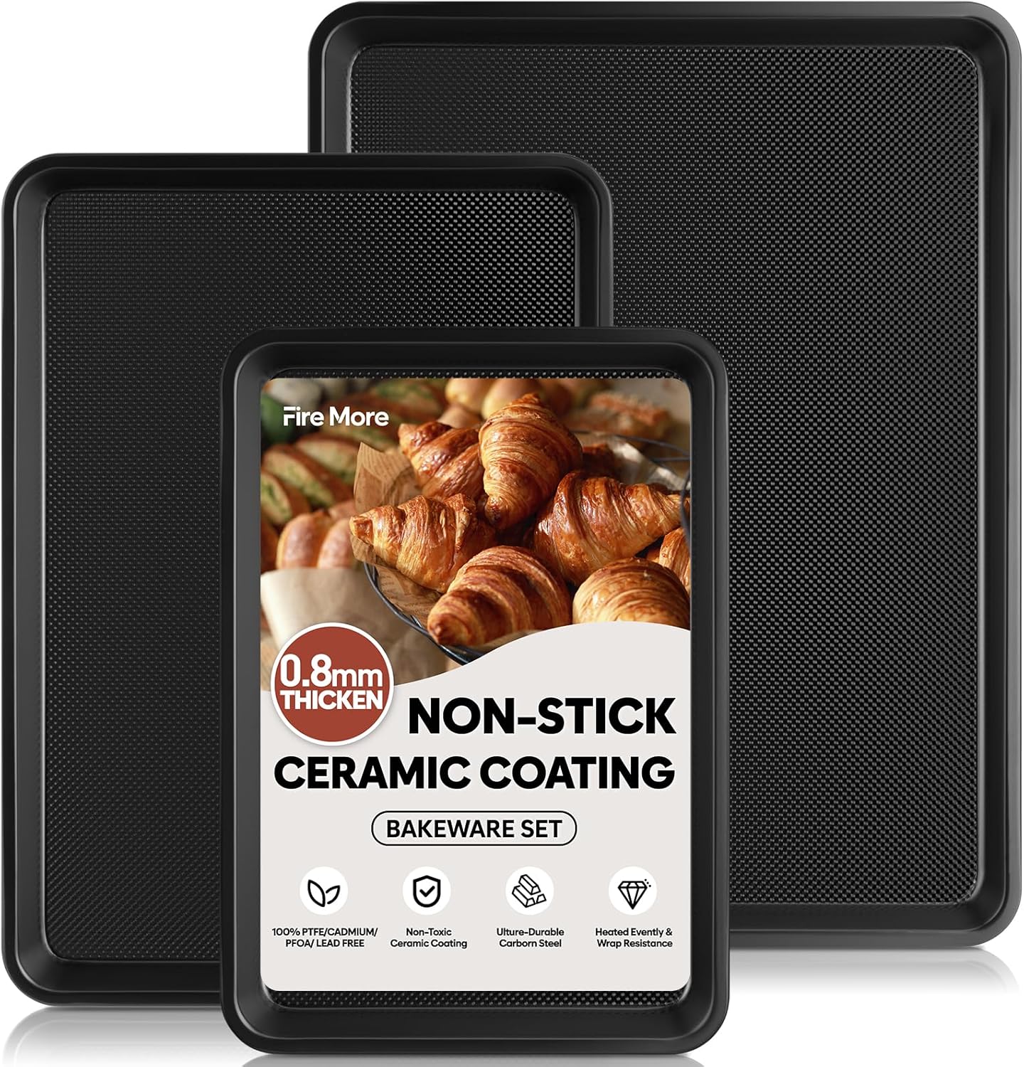 3 Pack Baking Sheet Pan Set - Heavy Duty Nonstick Cookie Sheets | 0.8mm Thick, Diamond Texture
