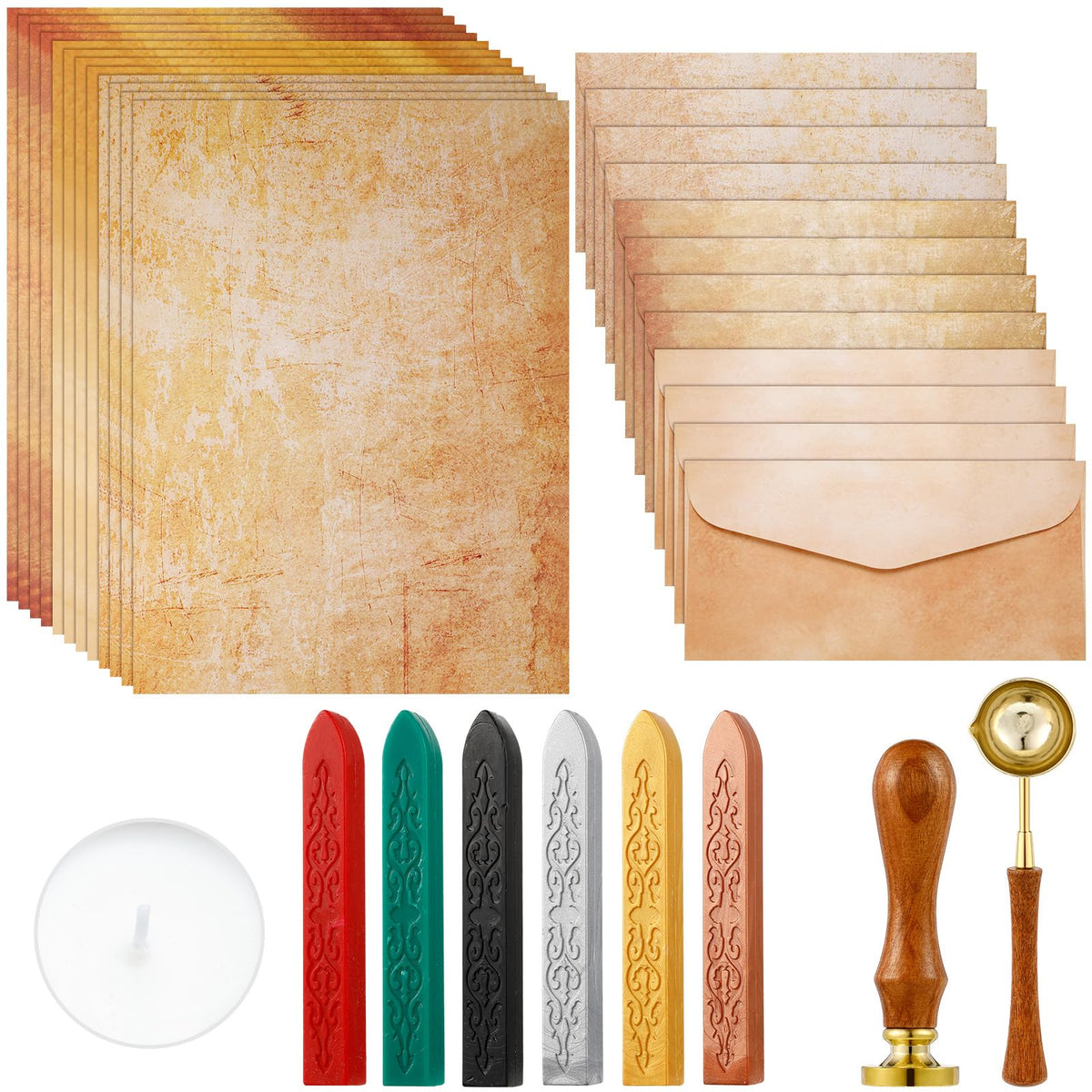 33 Pieces Vintage Paper and Envelopes Set, Including 12 Writing Stationery Paper Letter 12 Envelopes Sealing 6 Wax Sticks Seal Stamp Tea Candles and Wax Spoon for Stamp