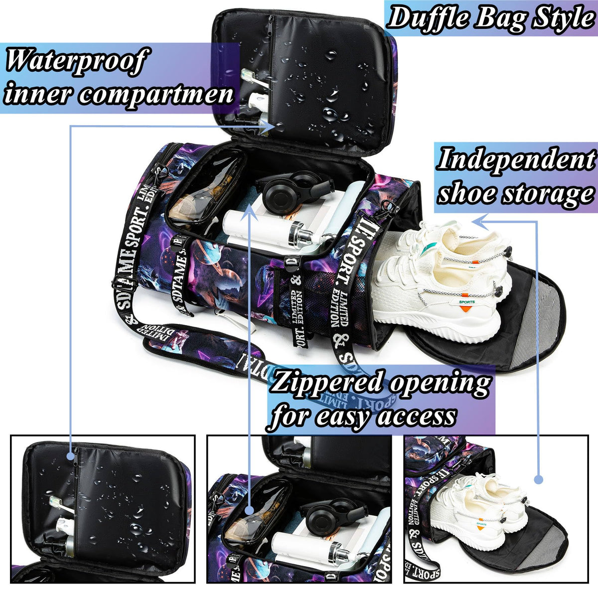 Gym Duffle Bag Backpack with Shoe Compartment,4 ways Travel Backpack for Women and Men,Multi-Functional Weekender bag with Waterproof Layer&Laptop Compartment for Fitness, Travel,Camping(Metallic)
