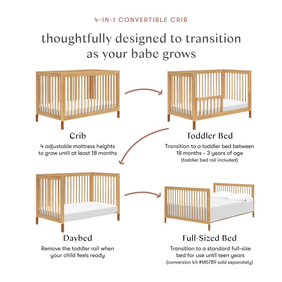 Babyletto Gelato 4-in-1 Convertible Crib with Toddler Bed Conversion in Honey with Vegan Tan Leather Feet, Greenguard Gold Certified