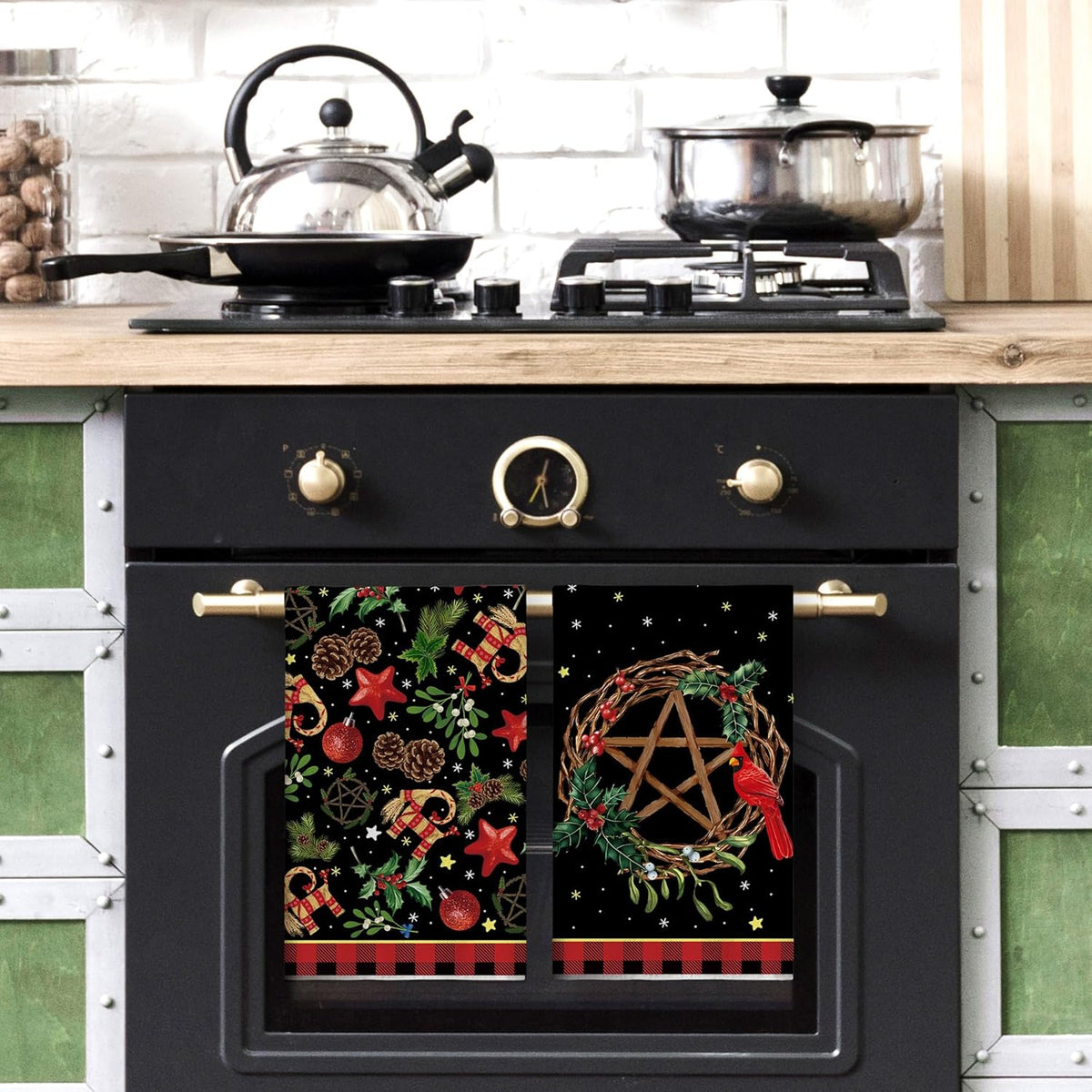 Yule Christmas Kitchen Towels - Scandinavian Straw Goat Julbock & Mistletoe Decor | Festive Dish Towels