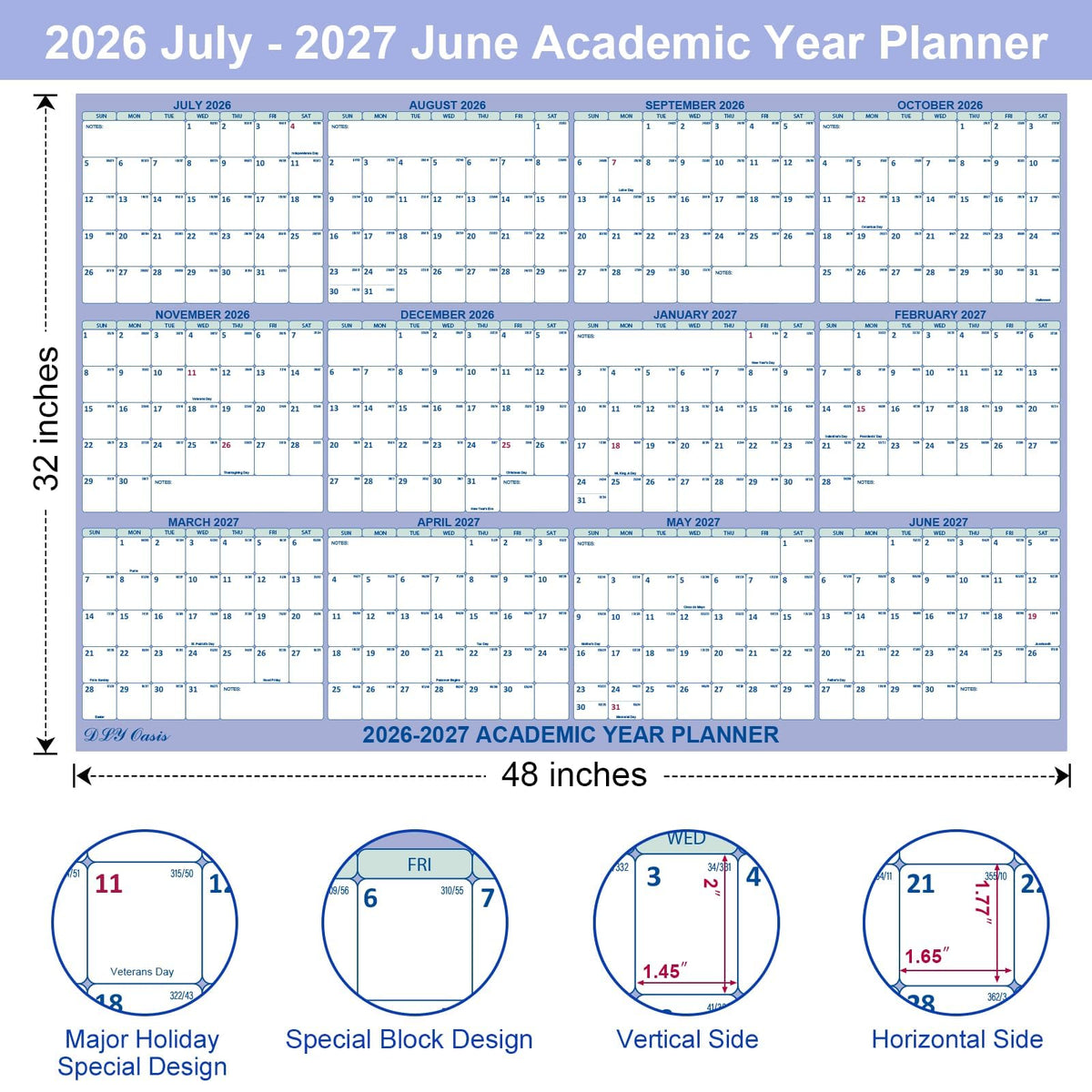 32" x 48" Academic Wall Calendar 2026-2027, July 2026 - June 2027 Folded Wet & Dry Erase, Large Wall Calendar 12 Month, Vertical/Horizontal Reversible, School Yearly Wall Planner with Julian Dates