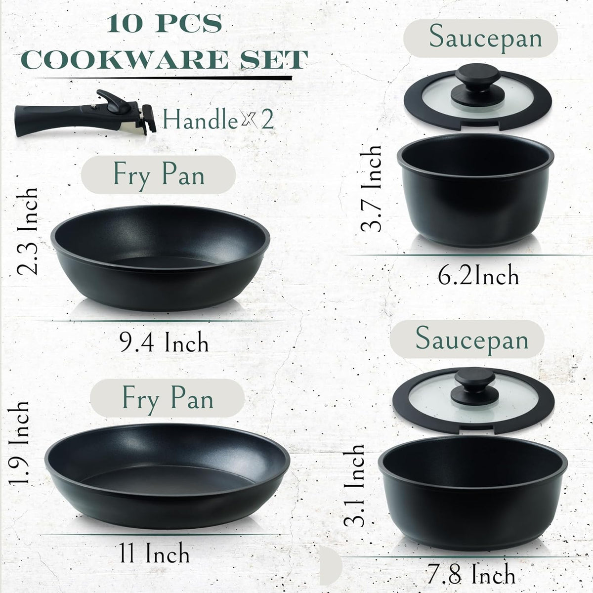 Moss & Stone Nonstick Cookware Set - 10-Piece Space-Saving Pans with Removable Handles | RV & Induction Ready