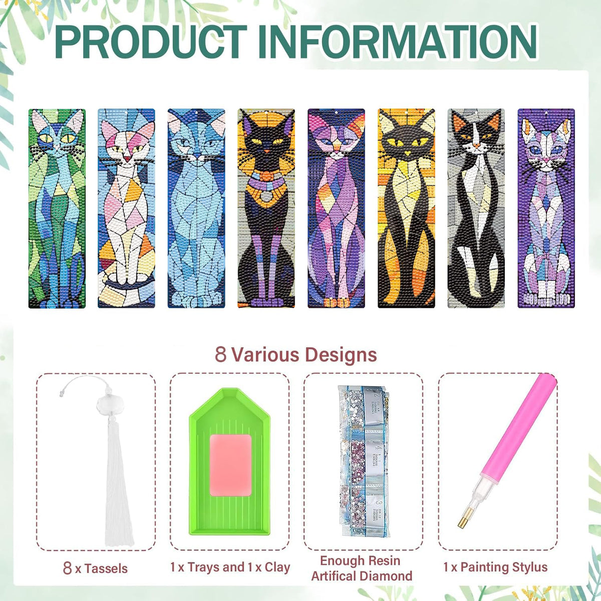 8 Pcs Cat Diamond Art Bookmarks Kit, 5D DIY Diamond Painting Bookmarks for Adults & Beginners, Stained Glass Cat Design Arts and Crafts
