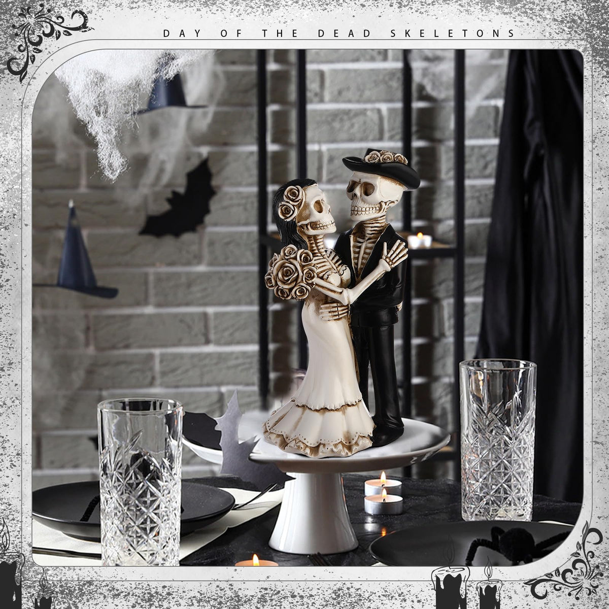 LemonRoad Day-of-the-Dead Couple Skeleton Decor Bride and Groom Skeleton Dia De Los Muertos Figurines Day of the Dead Decorations Halloween Gothic Wedding Cake Topper Decor(Standing)