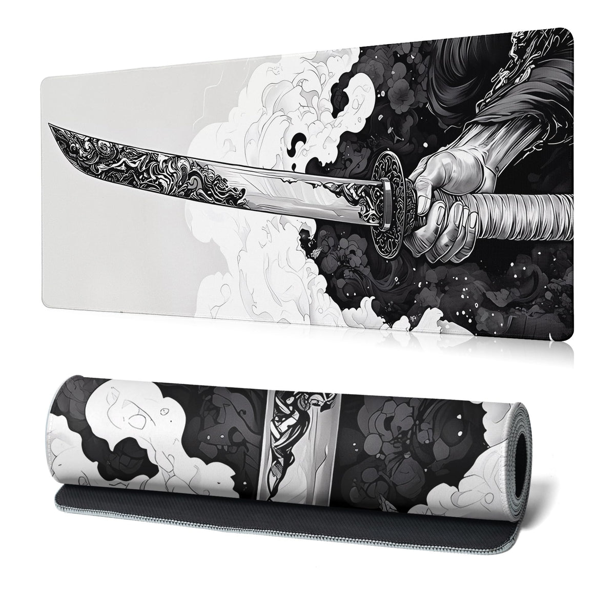 Katana Gaming Mouse Pad 31.5x11.8 Inch Large Black Long Extended Pads Big Mousepad Large Non-Slip Rubber Base Waterproof Big Keyboard Mat with Stitched Edges for PC Computer Laptop and Office