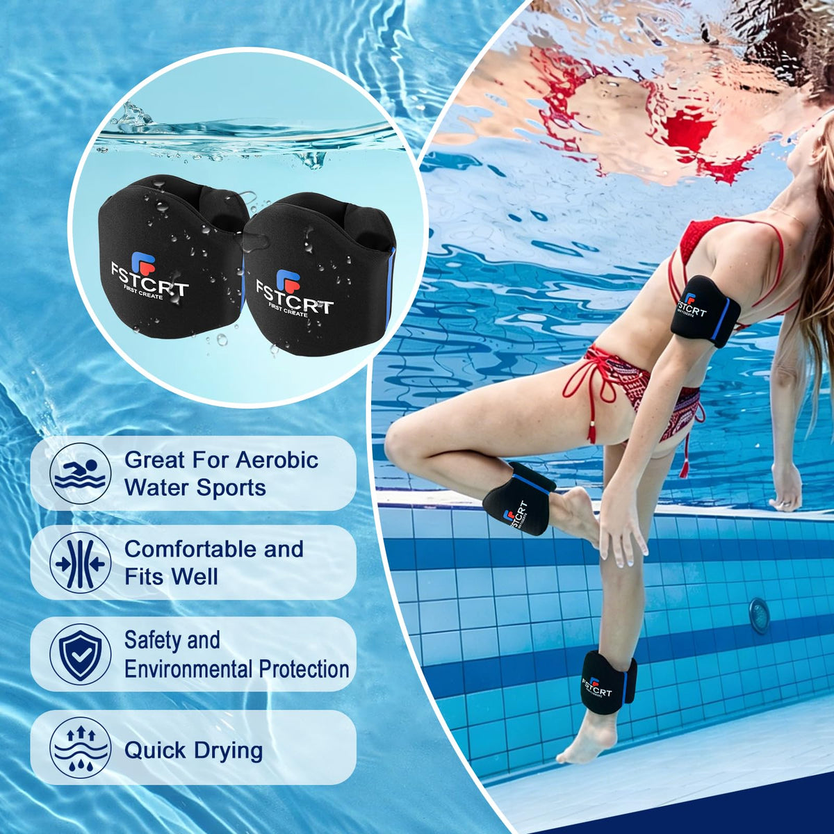 Fstcrt 2 Pcs Foam Aquatic Cuffs Exercise Equipment, Water Aerobics Float Ring with Adjustable Webbing, Pool Exercise Workout Set, Water Ankle Ring for Adults