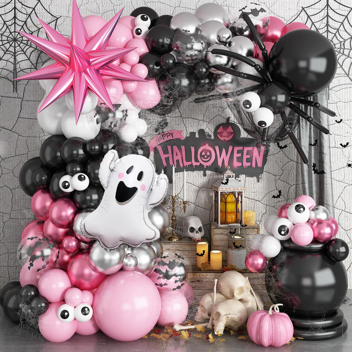 Halloween Balloon Arch Garland Kit, 129Pcs Black Spider White Eyes Bats Pink Metallic Silver Red Latex Balloons with Ghost Explosion Star Foil Balloons for Spooky Halloween Party Outdoor Decorations