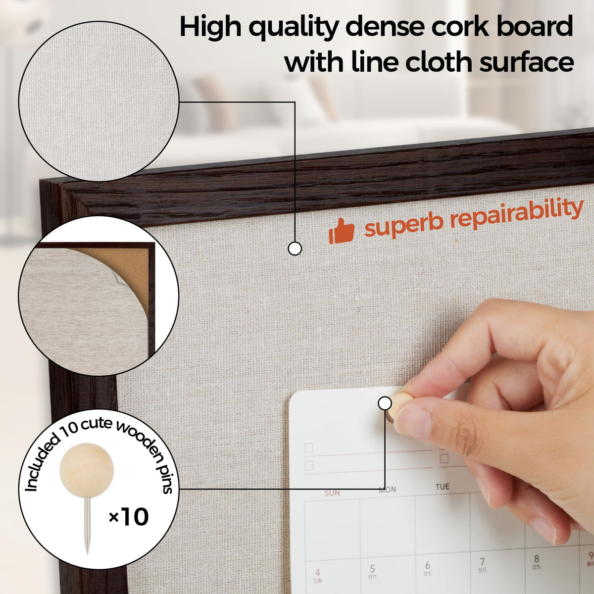 Fun Memories Cork Board Bulletin Board for Office, 20" x 30" Oak Wooden Framed Corkboard, Wall Mounted Notice Pin Board for School Home & Office, Dark Walnut