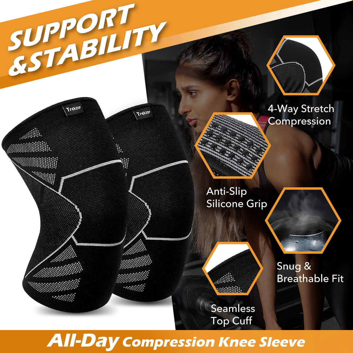 Trekzor Knee Brace for Women and Men, Knee Compression Sleeve for Running, Gum, Hiking, and Workout, Knee Brace For Arthritis Pain, Knee Pain, and Support (Pair, Black, Large)