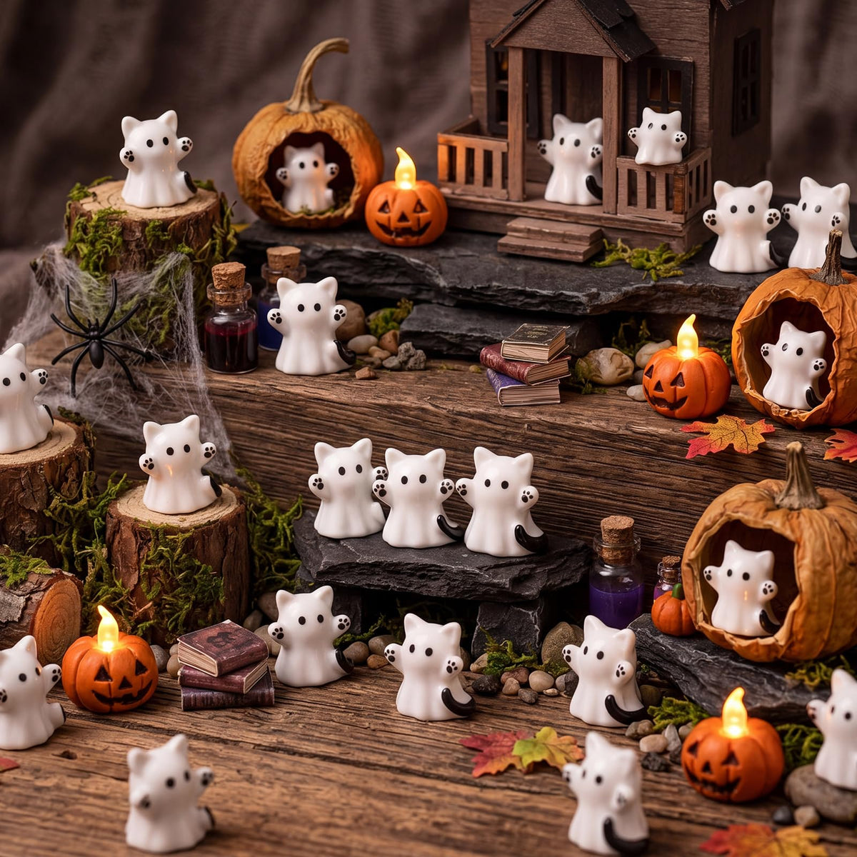 Lineshading 50 Pcs Halloween Mini Cat Ghost Figurines Decor Bulk Cute Ghost Cat Desk Statues 0.98 Inch Cartoon Spooky Figurines for Party Favors Desktop Halloween Decorations Display Ornaments