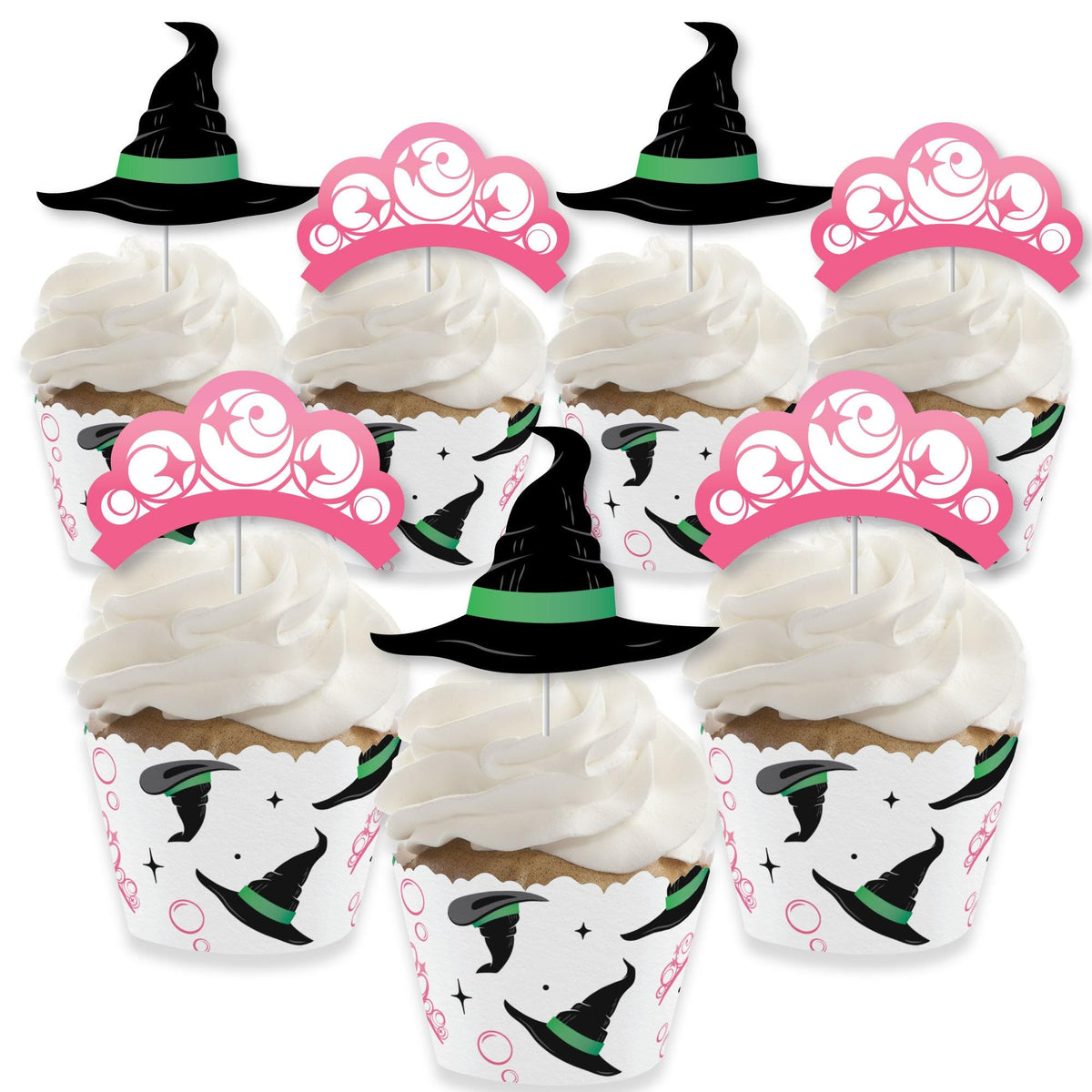 Big Dot of Happiness Witch Cupcake Decoration Kit, Good Pink and Green Birthday or Witch Halloween Party Cupcake Wrappers and Treat Picks - Set of 24