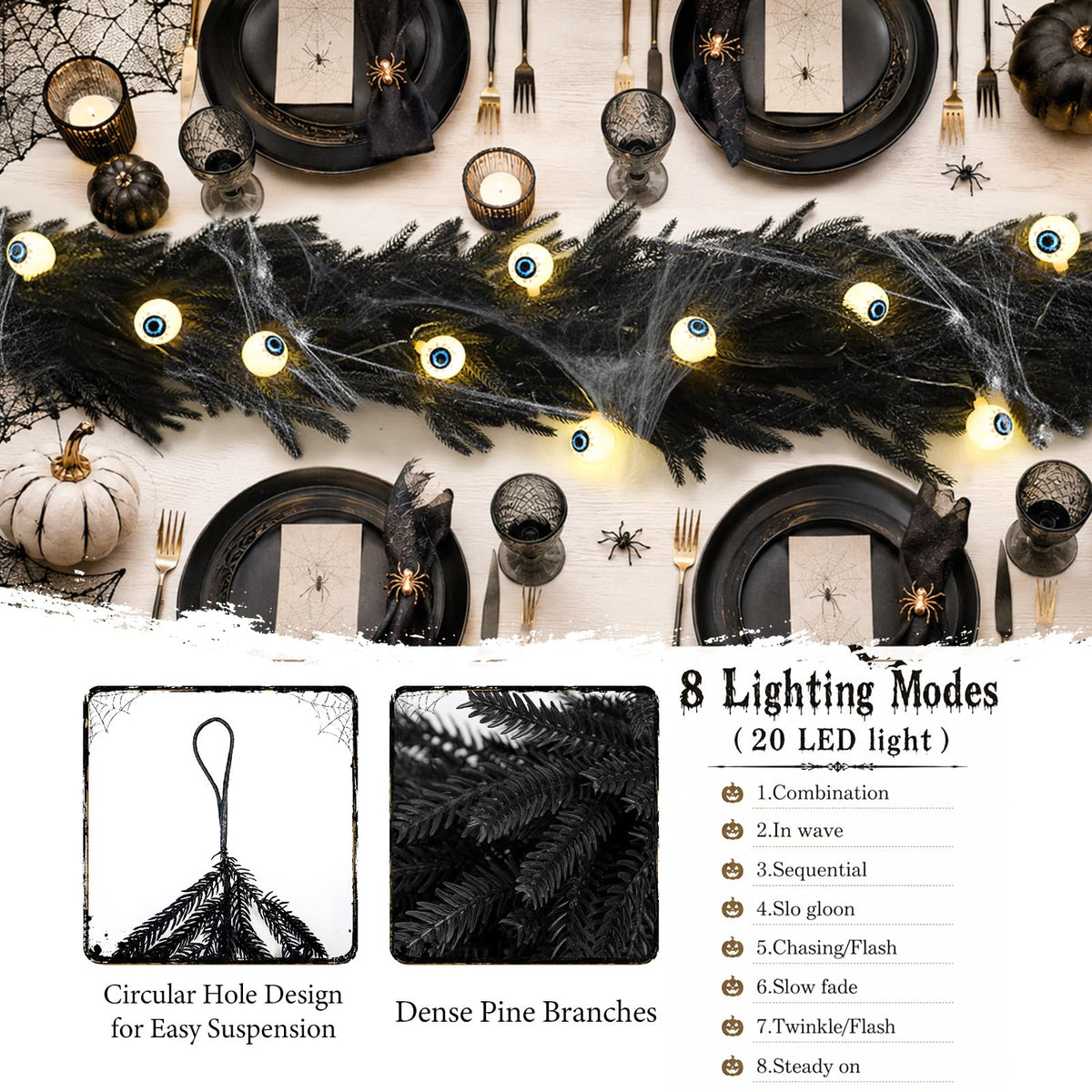 9FT Black Halloween Garland with Eyeball Light String Spider Cotton Spiders