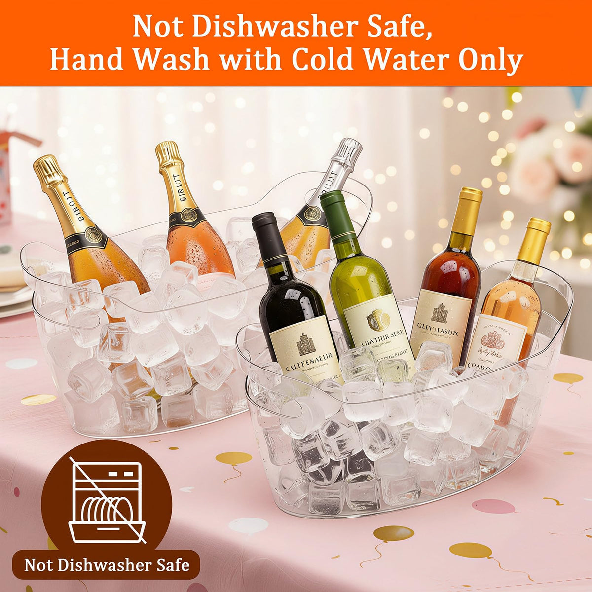 6.5L Ice Bucket 2 Pack Ice Buckets for Parties, Beverage Tub for Cocktail Bar with Handle, Drink Cooler for Wine Beer Champagne, Clear Ice Bucket with Scoop for Mimosa Bar Drink Chiller