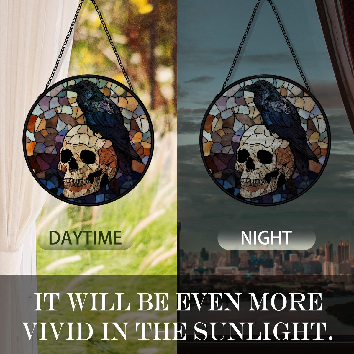 Hxlac Black Raven Halloween Suncatcher Stained Glass Window Hanging, Gothic Skull Black Crow Sun Catchers Indoor Window Glass Round Wall Decor, Halloween Raven Wall Art Hanging Decorations, ＂7.8x7.8＂