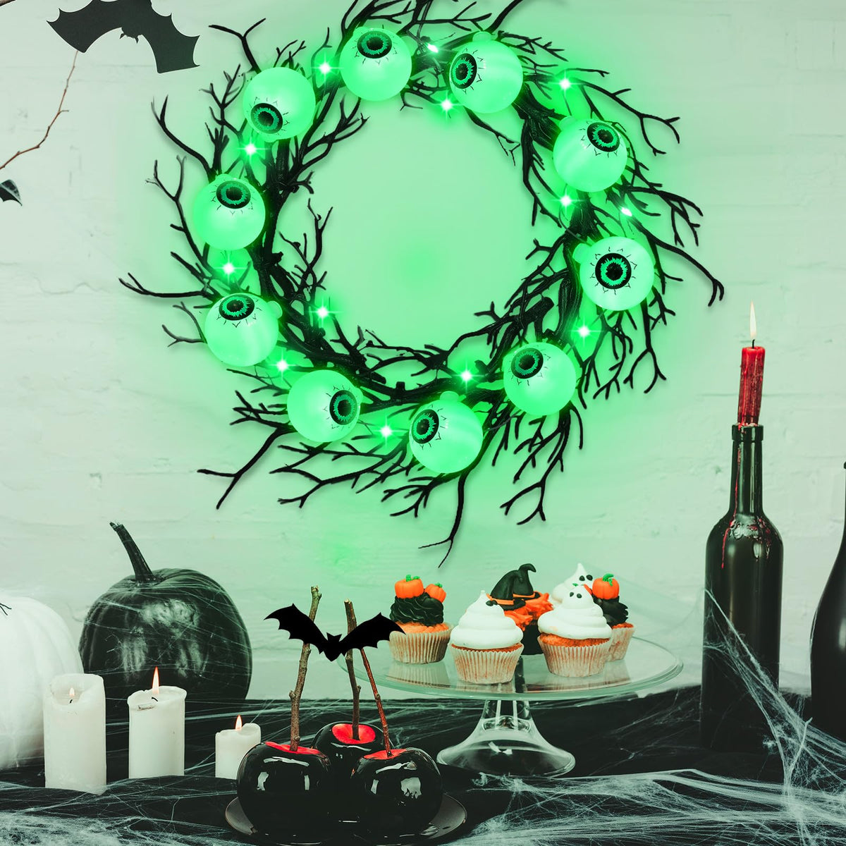 Dingion 18'' Halloween Eyeball Wreath for Front Door Light up Eyeball Wreath Decoration LED Halloween Garland with Black Dead Branch Garland Battery Operated Glowing Creepy Party Favor Wall Outdoor