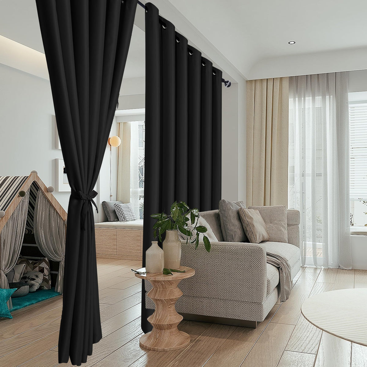 Hiasan Extra Wide Blackout Curtain Panel for Room Divider, 15ft Wide x 9ft Tall Grommet Patio Sliding Door Curtains for Thermal Insulated,Room Partition,Halloween,1 Ps Sewn with Tiebacks,Black