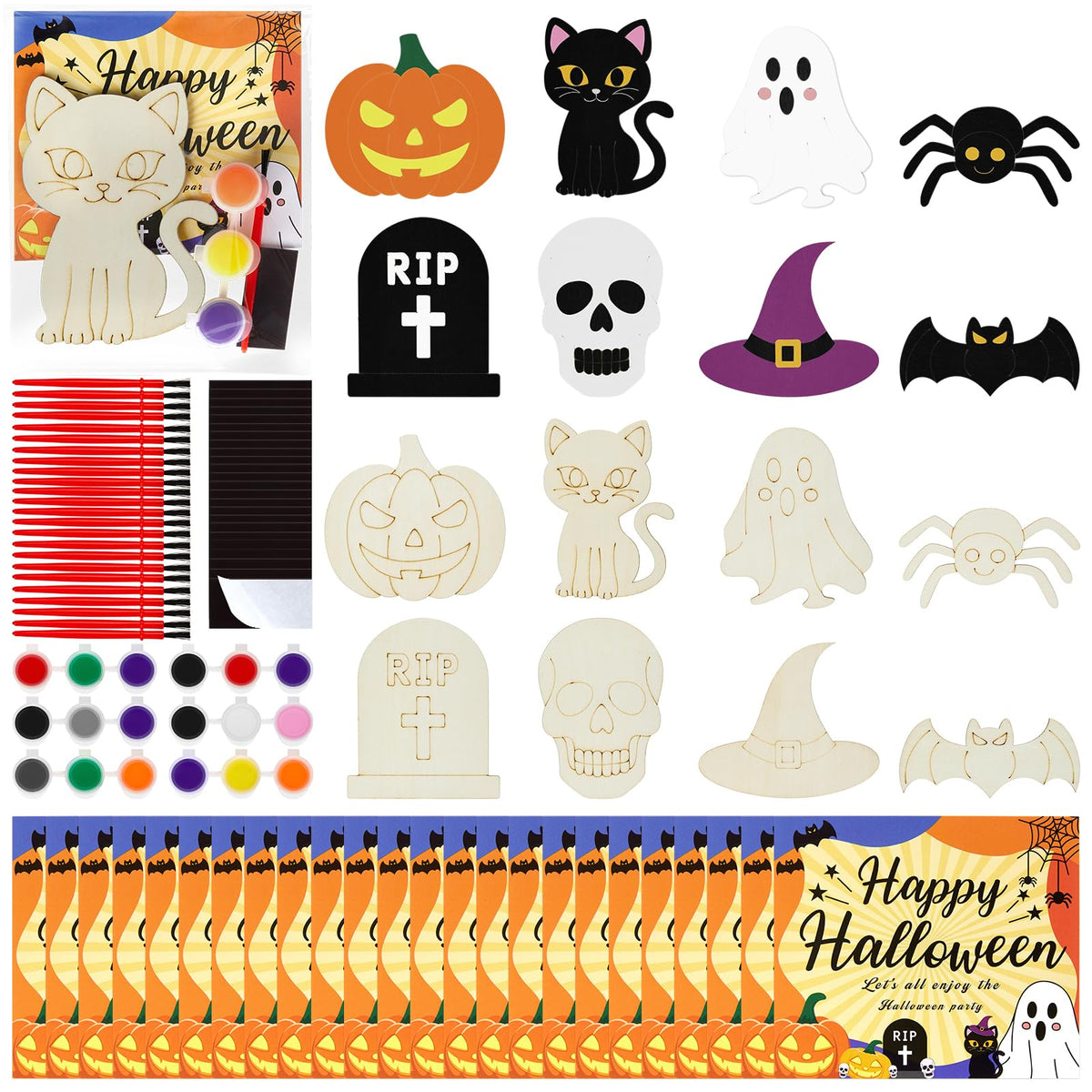 Bafeil 24-Set Halloween Painting Crafts 4", Wooden Cutouts Arts and Crafts, DIY Wooden Fridge Magnets Halloween Party Supplies, Party Favors Gifts Family School Activities Games Goodie Bag Stuffers
